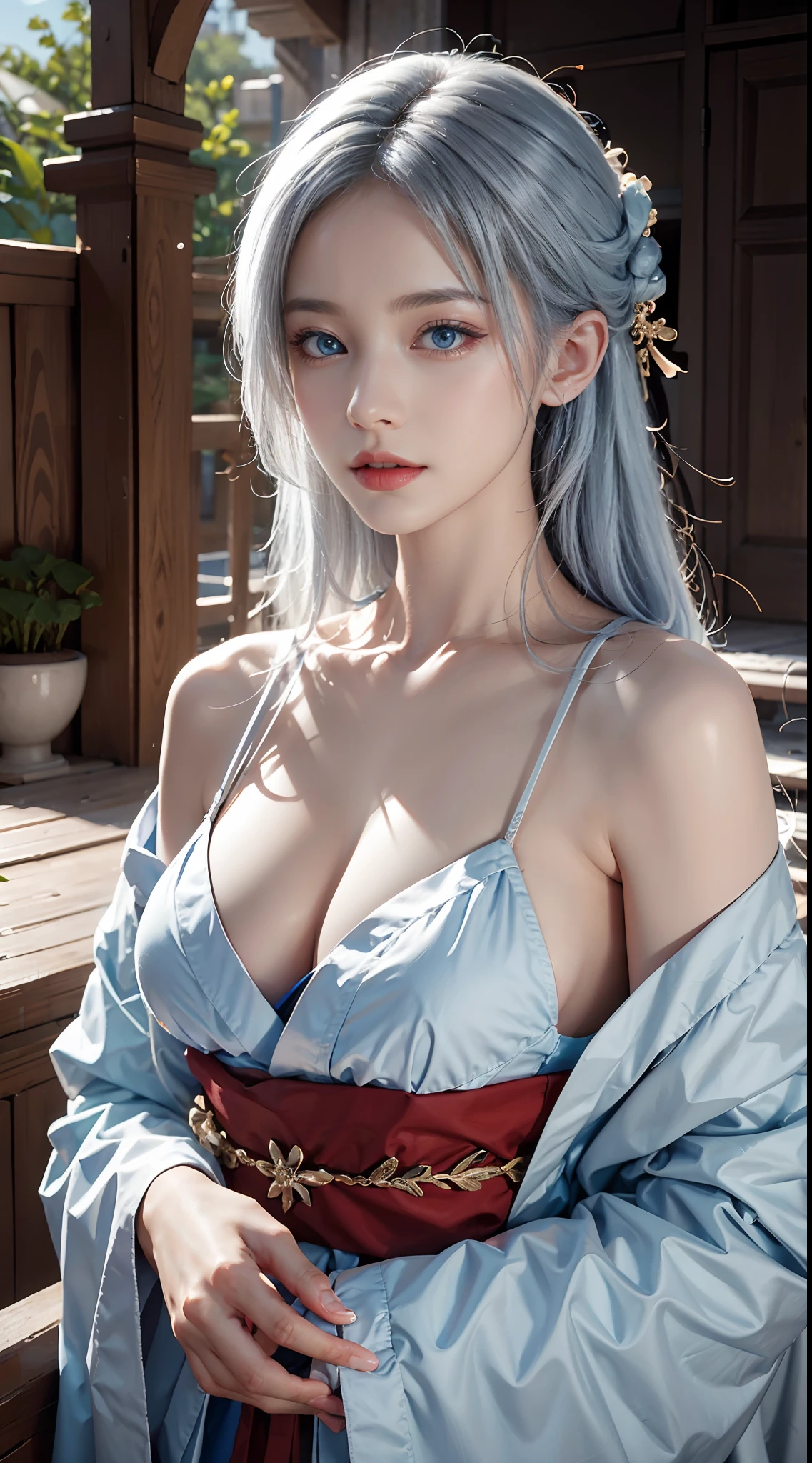photorealistic, masterpiece, photorealistic, high resolution, soft light, waist up, blue eyes, white hair, long hair, shoulder less, short kimono