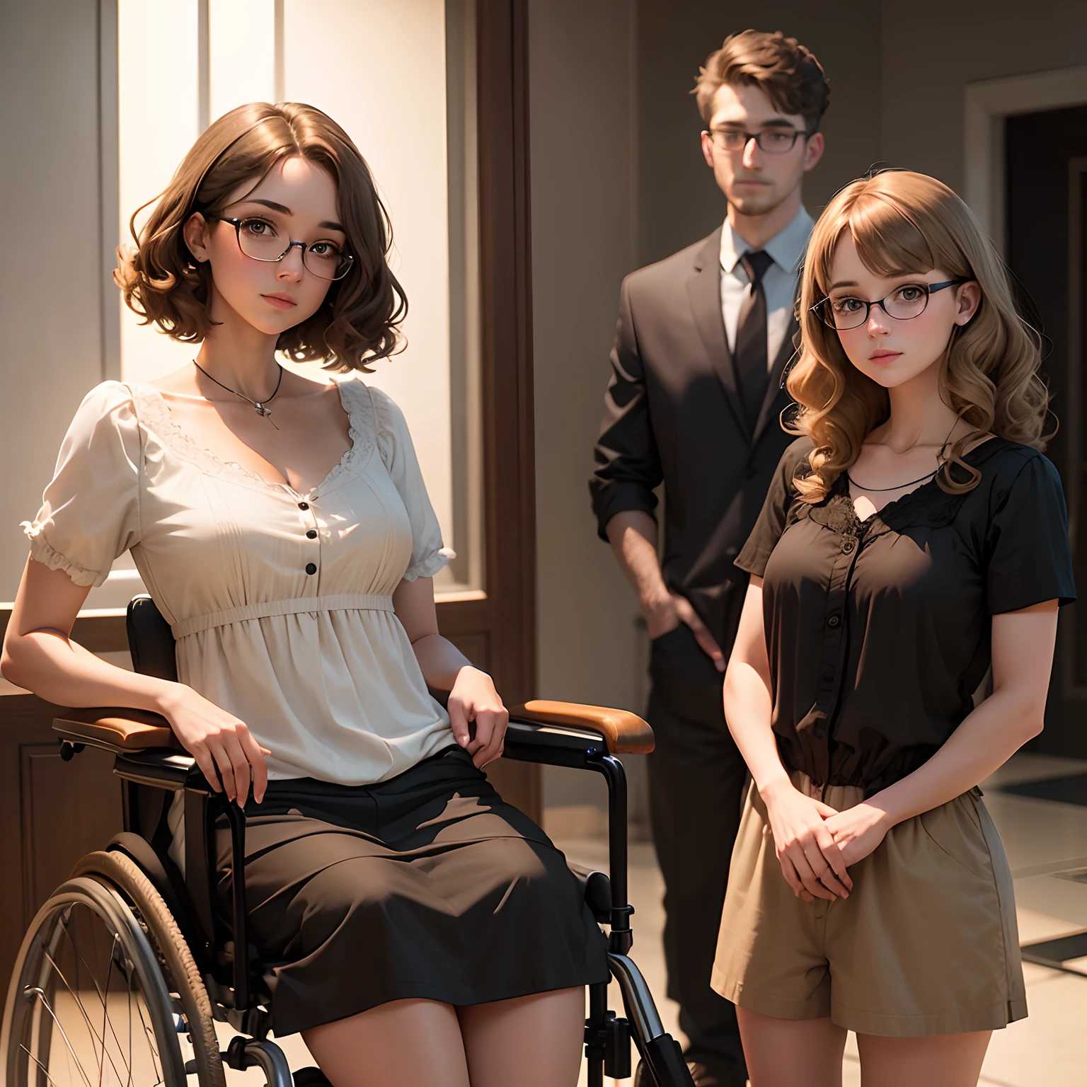 Angelica Sayre (((slender))((short)) curly light brown hair, wire rimmed glasses) in a wheelchair, beside her ((standing)) boyfriend Chad Seier. A pretty blonde woman in a short dress faces the viewer in the background.