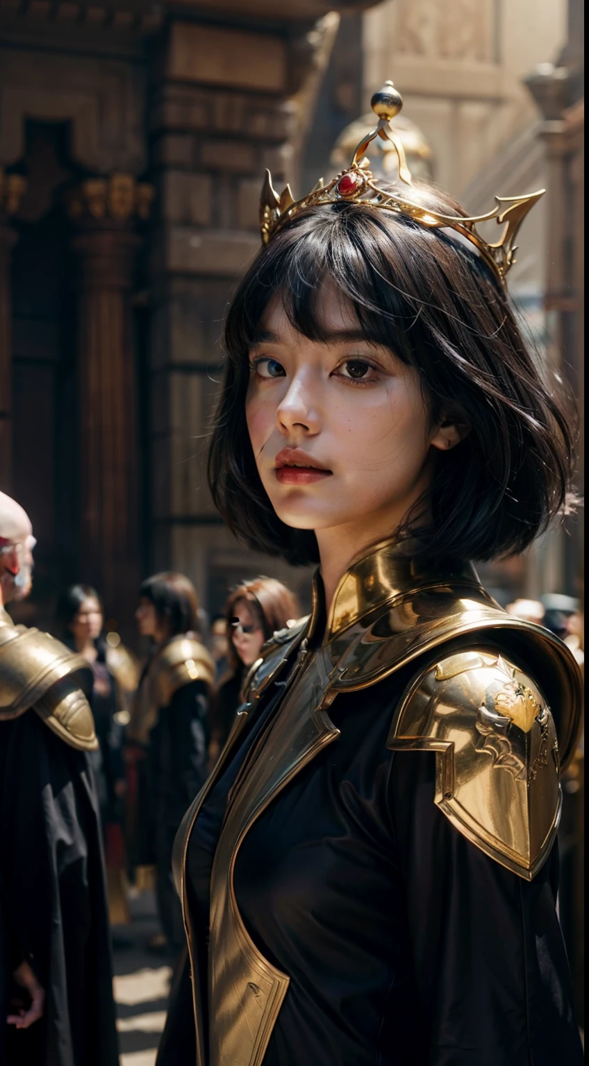 there is a woman standing in front of a large group of aliens, inspired by Volkan Baga, beautiful female warrior, amanita, protagonist in foreground, megadeth, red gold color palette, miles johnstone, with a crown of skulls, armor girl, in the technique of old masters, widescreen shot, mantra rendering, gilded lotus princess, dieselpunk, black short hair with bangs, midshot, centered image, ultra detail, extremely face detail, extremely eye detail.