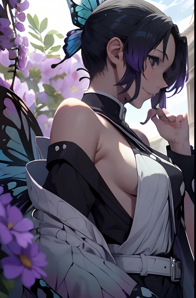 Ultra-realistic 8kCG，tmasterpiece，（（hyper detailed background，delicate patterns，intricate-detail）），best qualtiy，extremely detailed man，extremely detailed eye and face，extremely detailed eye，kochou shinobu，O cabelo multicolorido，No bangs，Hair intake，Black eye，Cap，Black shirt，Black panties，（The bikini），butterflys，Strip Strip，（Trepical Garden：1.2），purple flower，Mostly cloudy sky，rays of sunshine，Tyndall effect，gradient_Heaven，faces，Beautiful sky，Saber on the waist，enchanting posture，（large full breasts:1.3)，（cleaveage:1.3)，（Off-the-shoulder costumes:1.5),ssmile