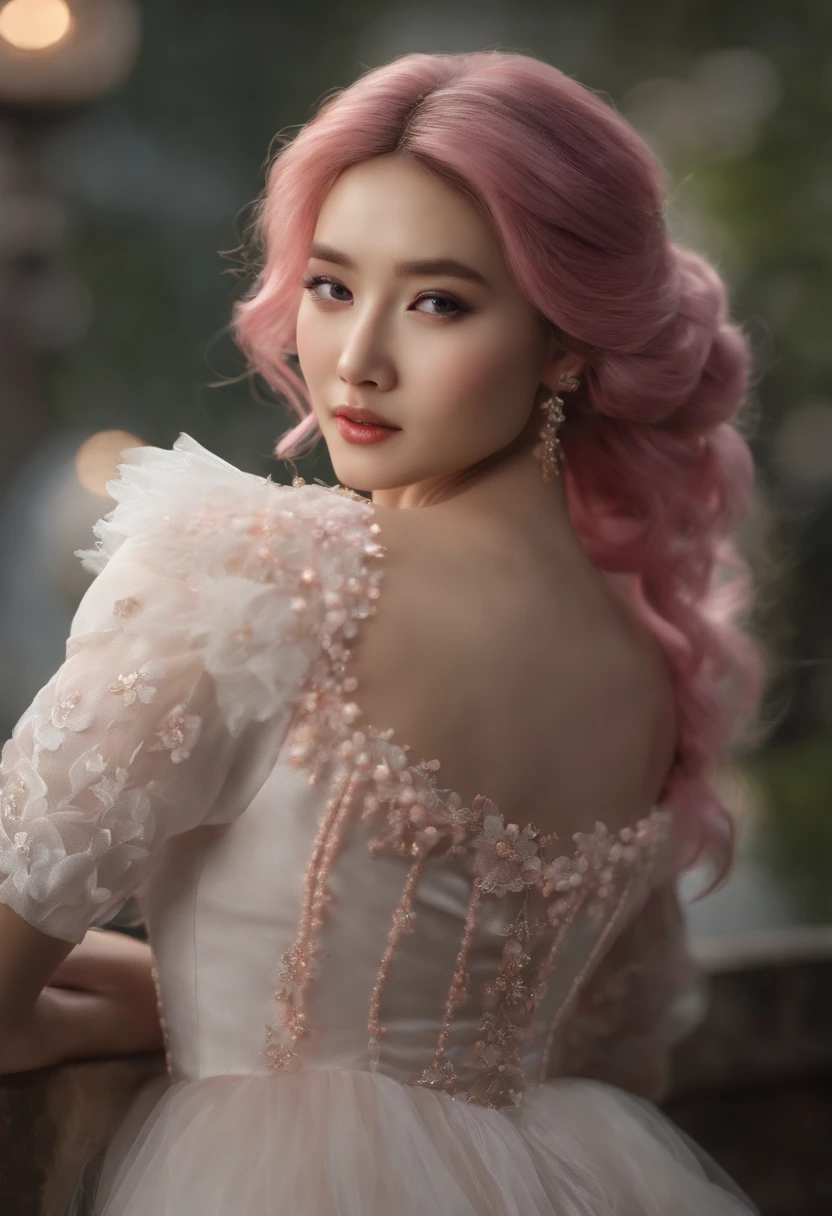 Best quality, Masterpiece, A high resolution, 1girll,china dress,hair adornments,necklace, jewelry,Beautiful face,after sexing_Body, Tyndall effect,Photorealistic, Dark Studio, rim lit, twotonelighting,(highdetailskin:1.2), 8K UHD, Digital SLR, Soft lighting, High quality, voluminetric lighting, candid, photographed, high resolution, 4K, 8K, Bokeh, Pink hair, ,