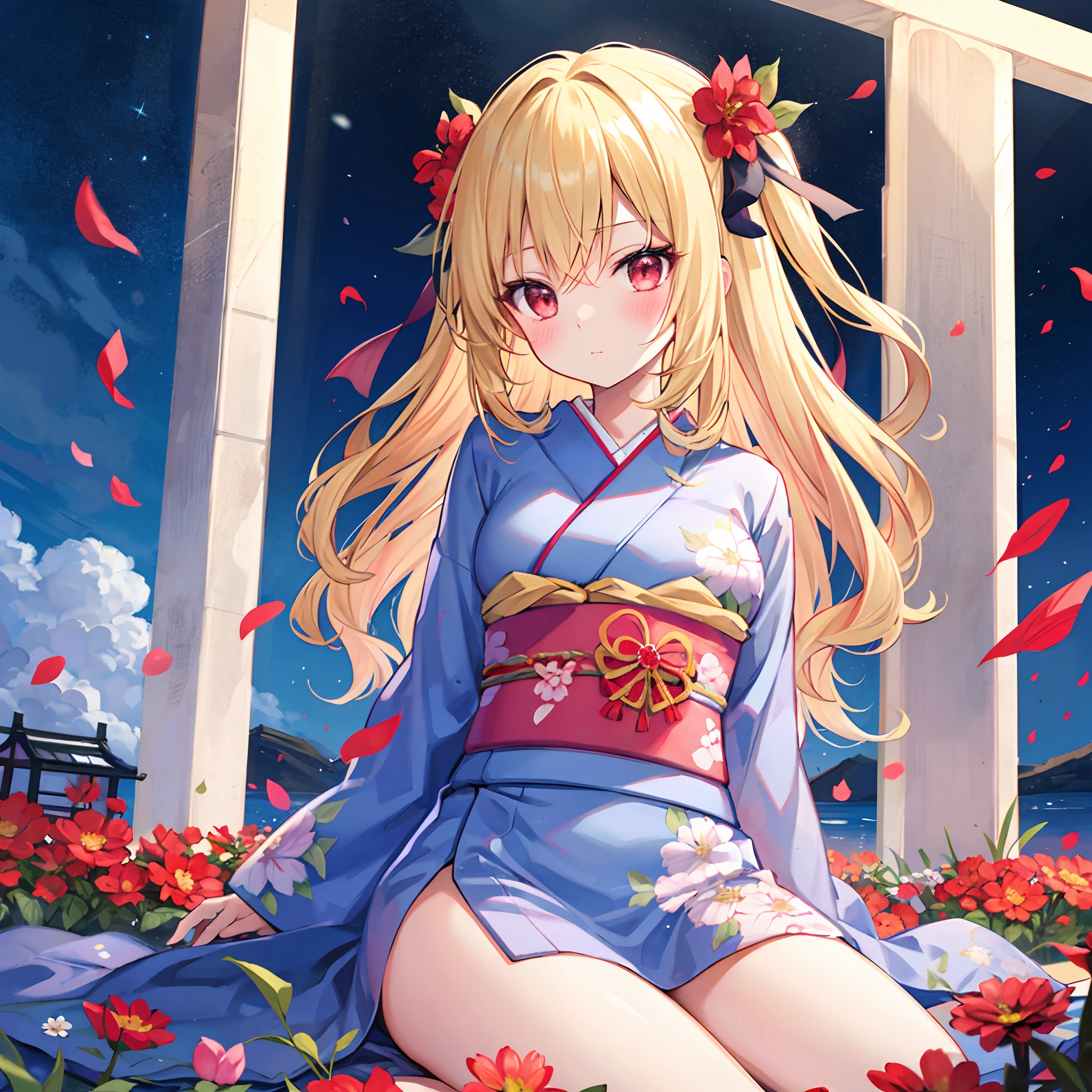 Wavy blonde、bow ribbon、red eyes、Beautiful girl alone、red blush、Fuli Fuli kimono、flower  field、