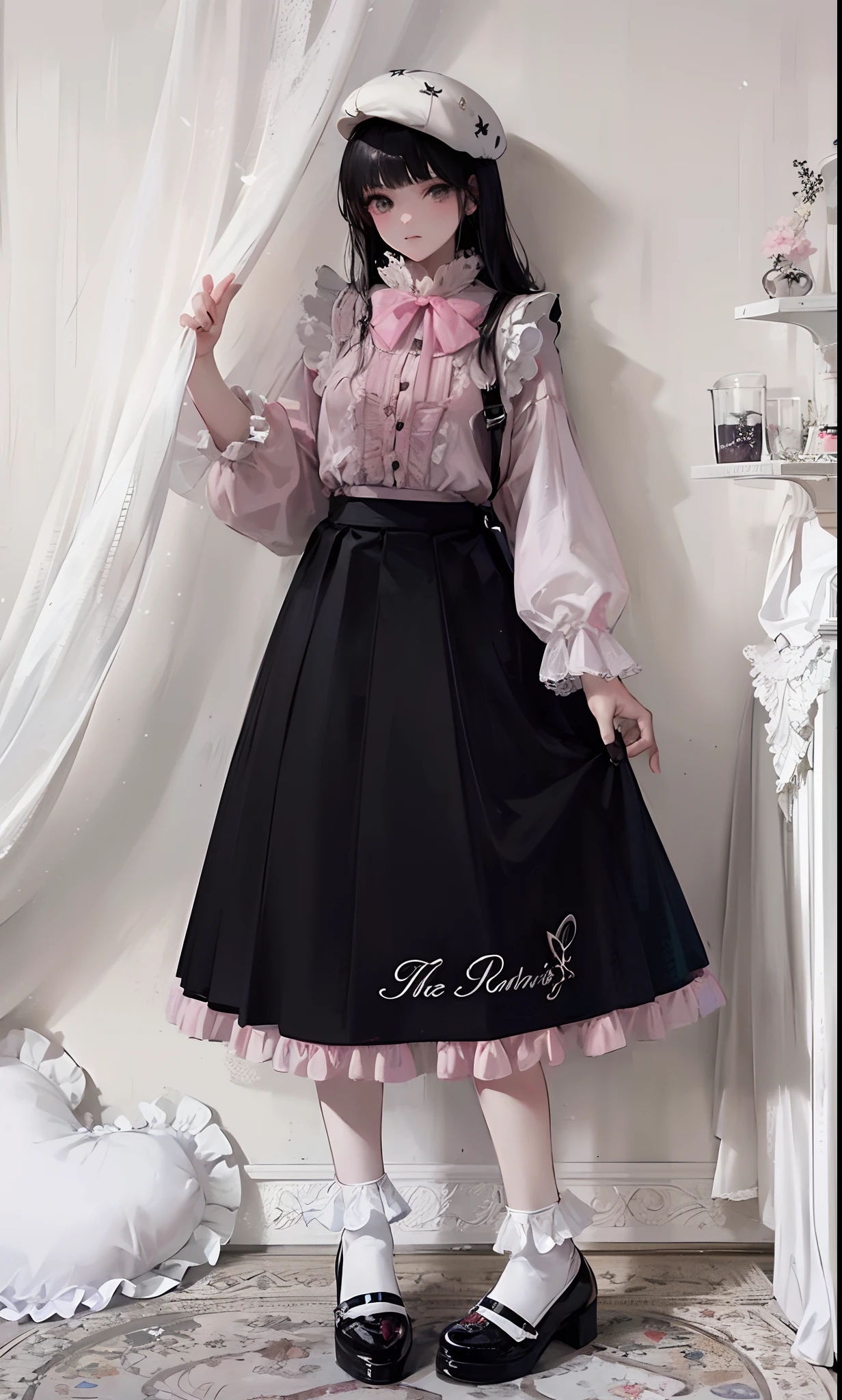 arafly dressed woman in a pink and black dress and hat, high-waist-black-skirt, ta style, fairycore, witchcore clothes, pastel goth aesthetic, kawaii style, loliashion, dreamy style, in romantic style, maid outfit, magical school student uniform, pink and black, victorian gothic lolita fon, beautiful clothes, with soft pink colors