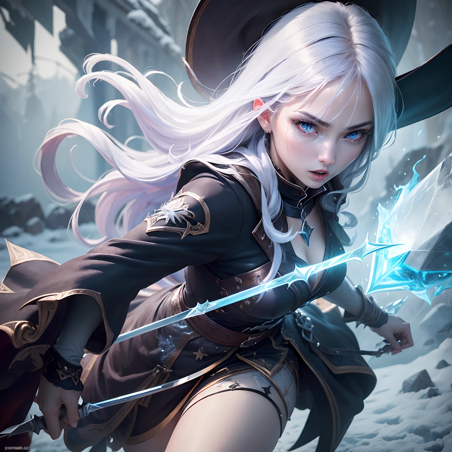 (Best Quality,Ultra-detailed,Realistic:1.37)、Witch Attacking with Ice Magic、An 18-year-old woman、(Sharp eyes:1.5)、Aggressive look、Stylish outfit、Shoot a blizzard from her hand、Full body