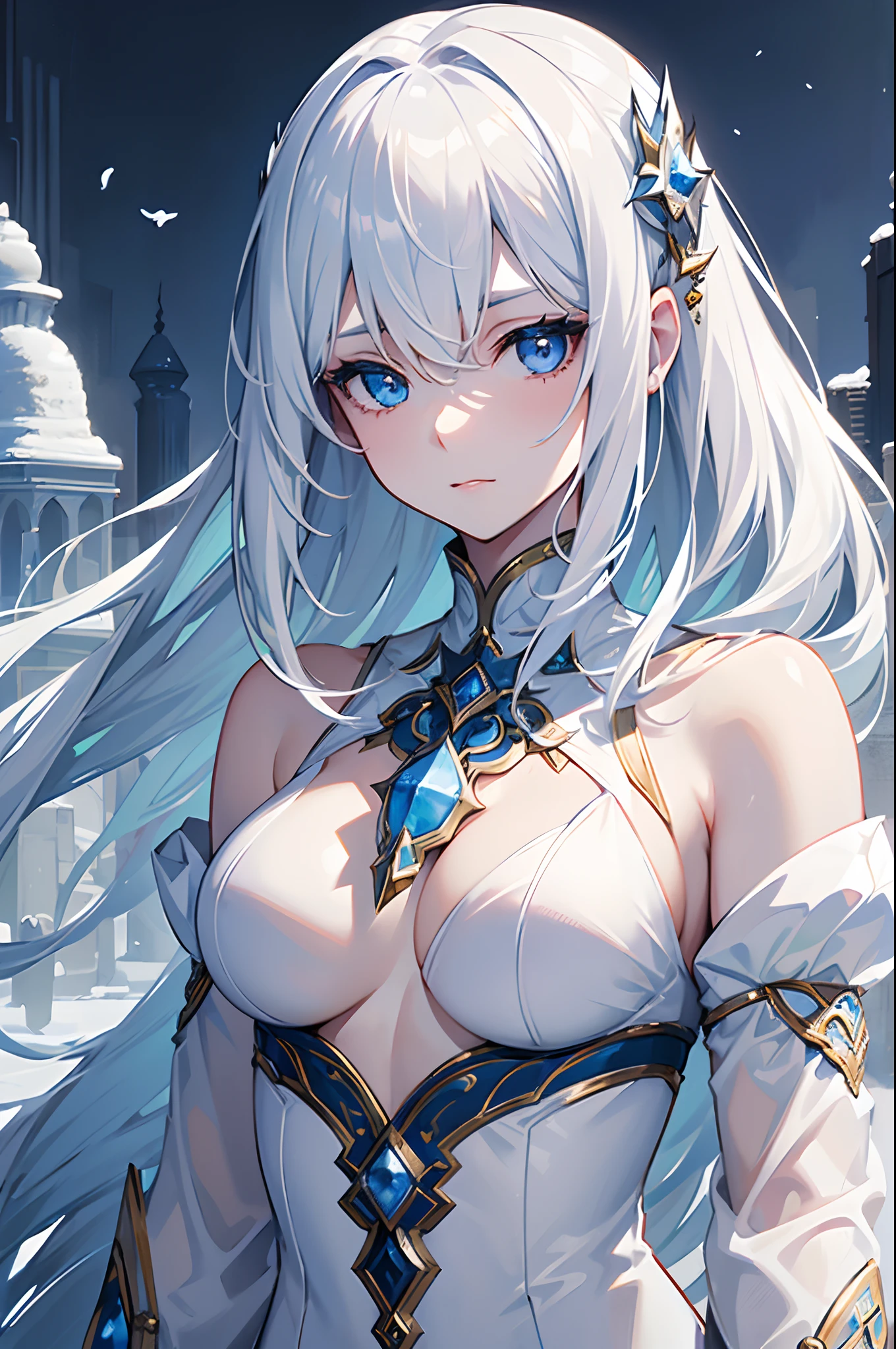 masterpiece, highlydetailed, ultra-detailed, cold, solo, (1girl), (pale skin), icyblue eyes, frosty white hair, cool Chara, flat face, young lady, lady chara, medium boobs, Arrogant, confident, cold face, goddess, kuudere girl, (Arabian background), (desert), (calm expression), (Arabian clothes), (not smile)