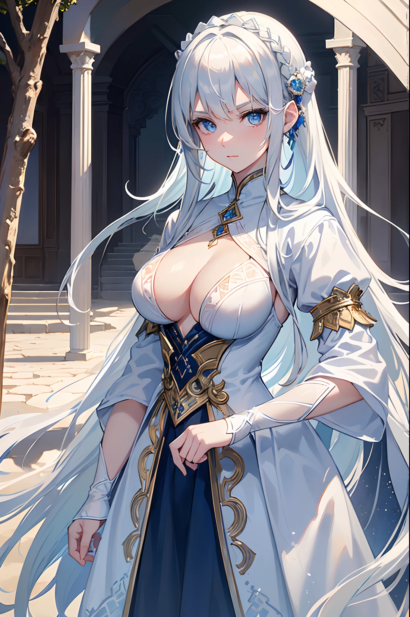 masterpiece, highlydetailed, ultra-detailed, cold, solo, (1girl), (pale skin), icyblue eyes, frosty white hair, cool Chara, flat face, young lady, lady chara, medium boobs, Arrogant, confident, cold face, goddess, kuudere girl, (Arabian background), (desert), (calm expression), (Arabian clothes), (not smile)