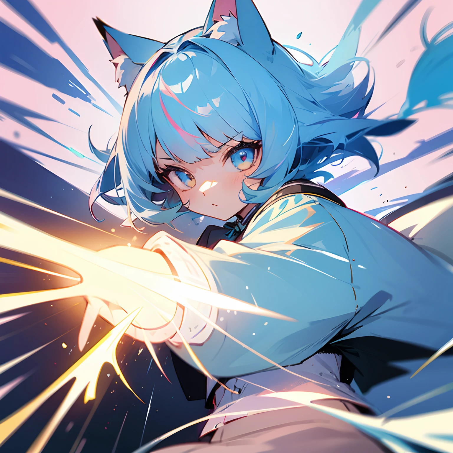 girl with,bobhair,blazers,a cool,Nekomimi,lightblue hair,Fighting