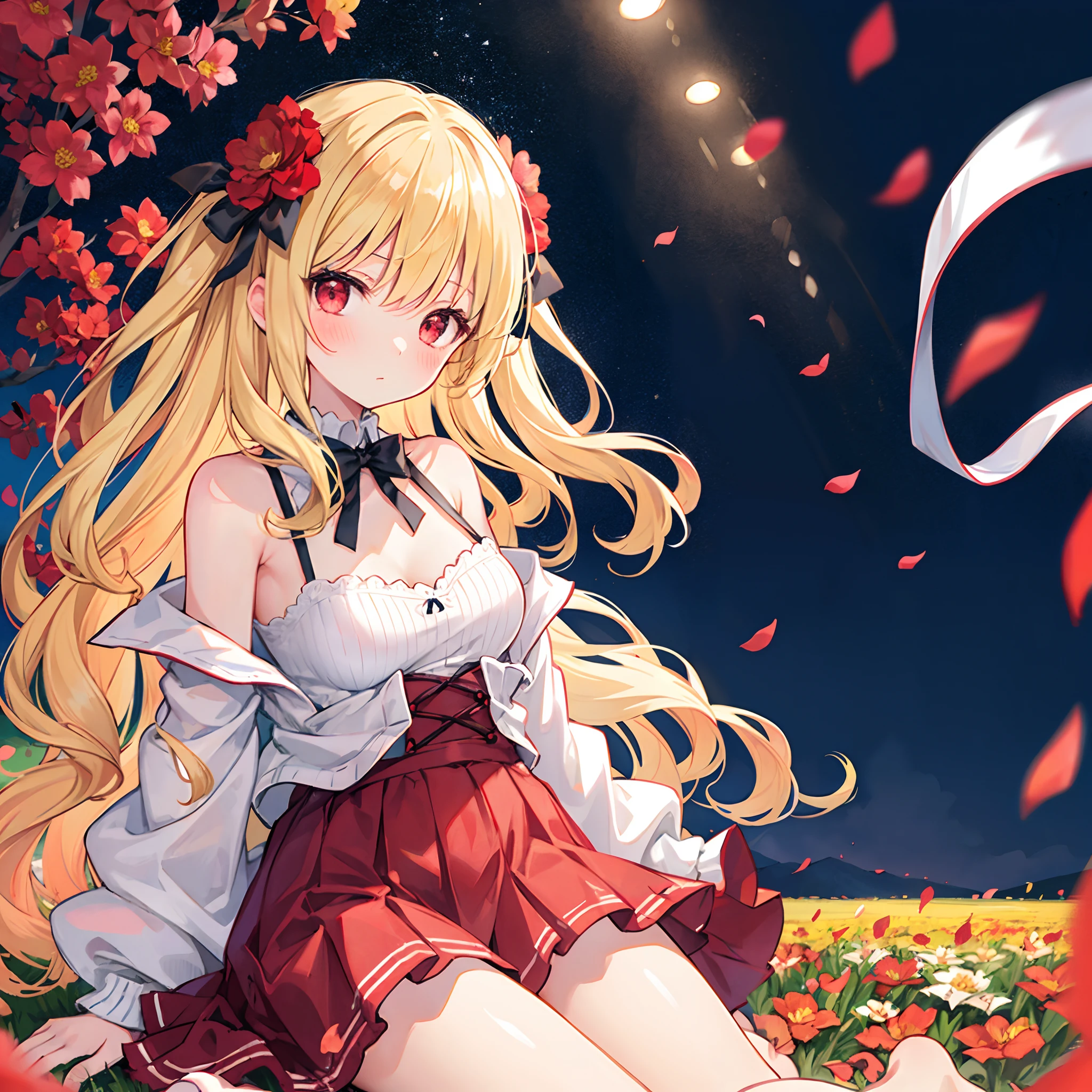 Wavy blonde、bow ribbon、red eyes、Beautiful girl alone、red blush、Fluffy clothes、off shoulders、Raw feet、flower field、