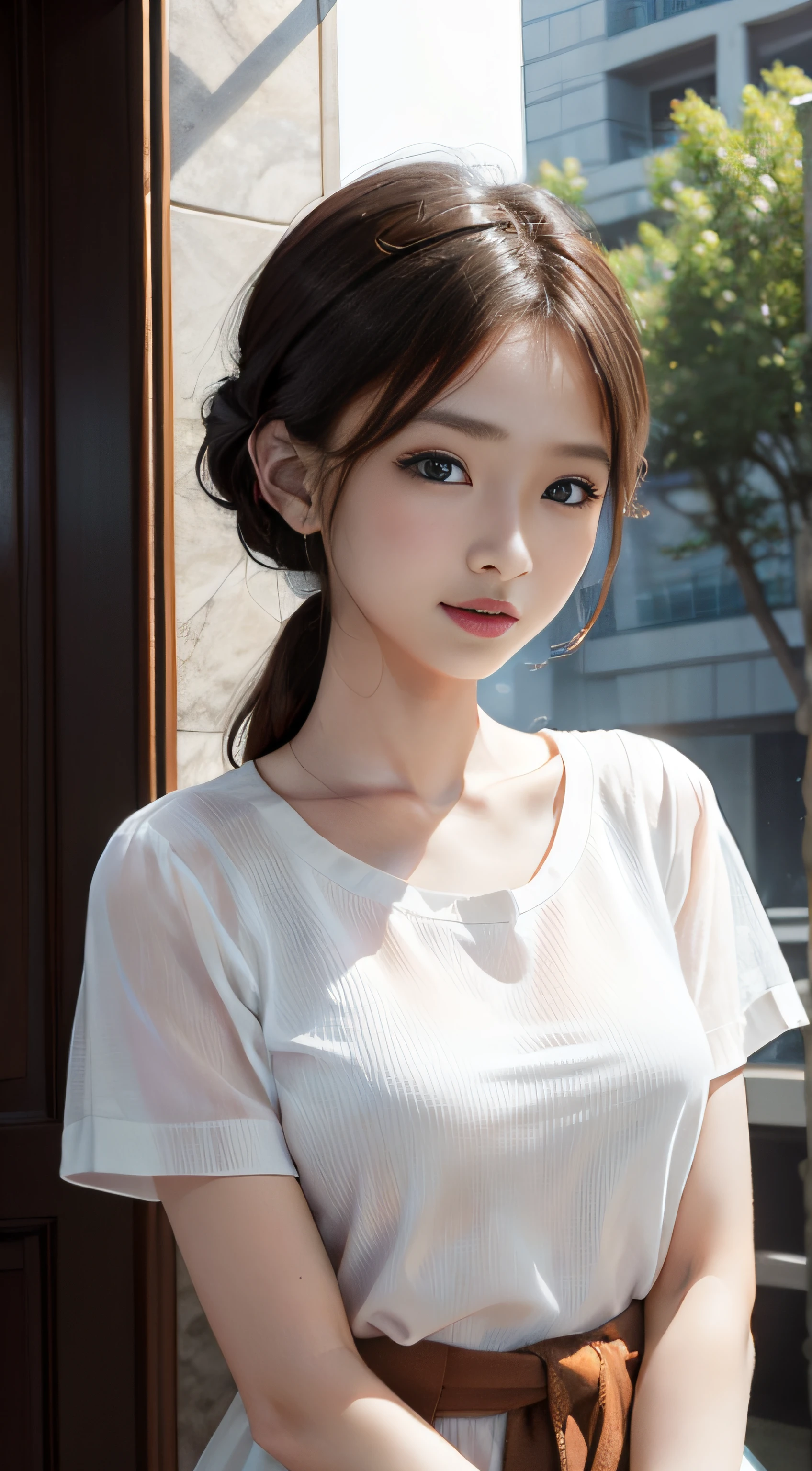 ​masterpiece、Top image quality:1.2、((beautiful young woman with))、Transparent skin:1.2、{A slight smil}、(kawaii)、Short sleeve knit、luxury hotel、depth of fields