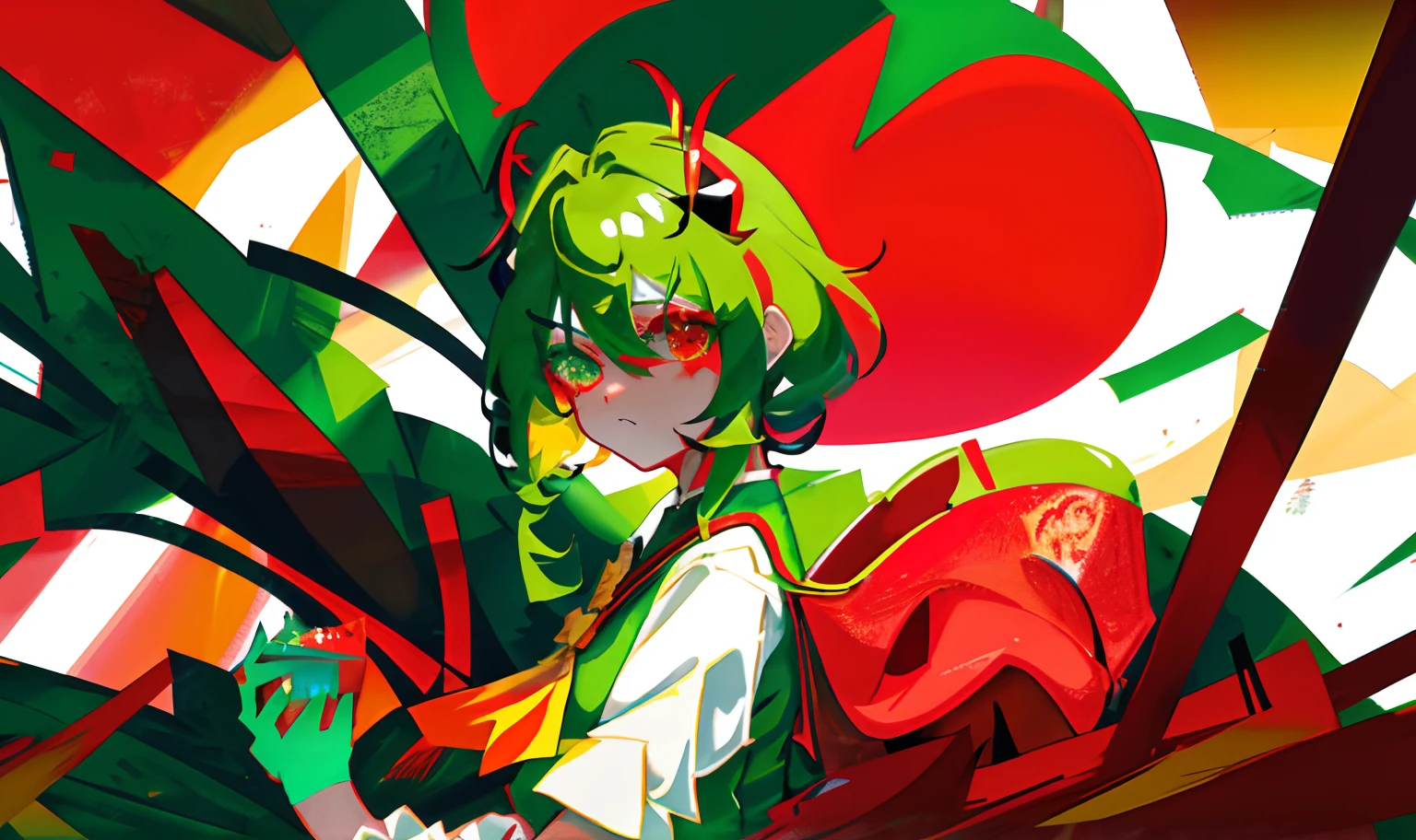 schoolgirls,Abstract background red and green gradient coiled hair,Pale green cheongsam,Heteropupil,Green-blue heteropupils,There are devil's horns,There are no bright spots in the eyes,pouty,solo person,Blood splattered on hair and clothes