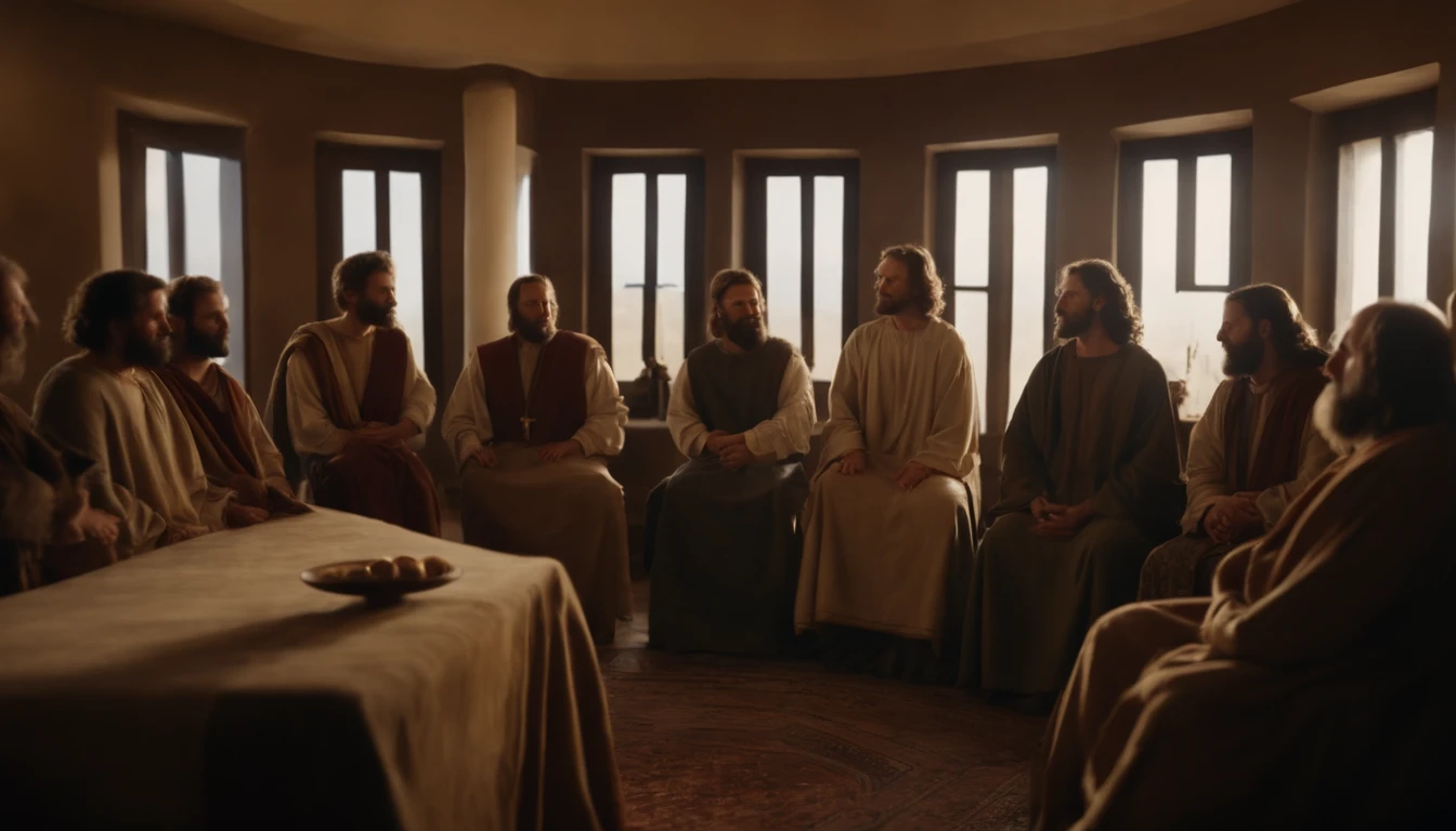 The Twelve Apostles of Jesus gathered in a room of the Simple House, Back in Jerusalem after Jesus ascended to heaven. personagens biblicos
