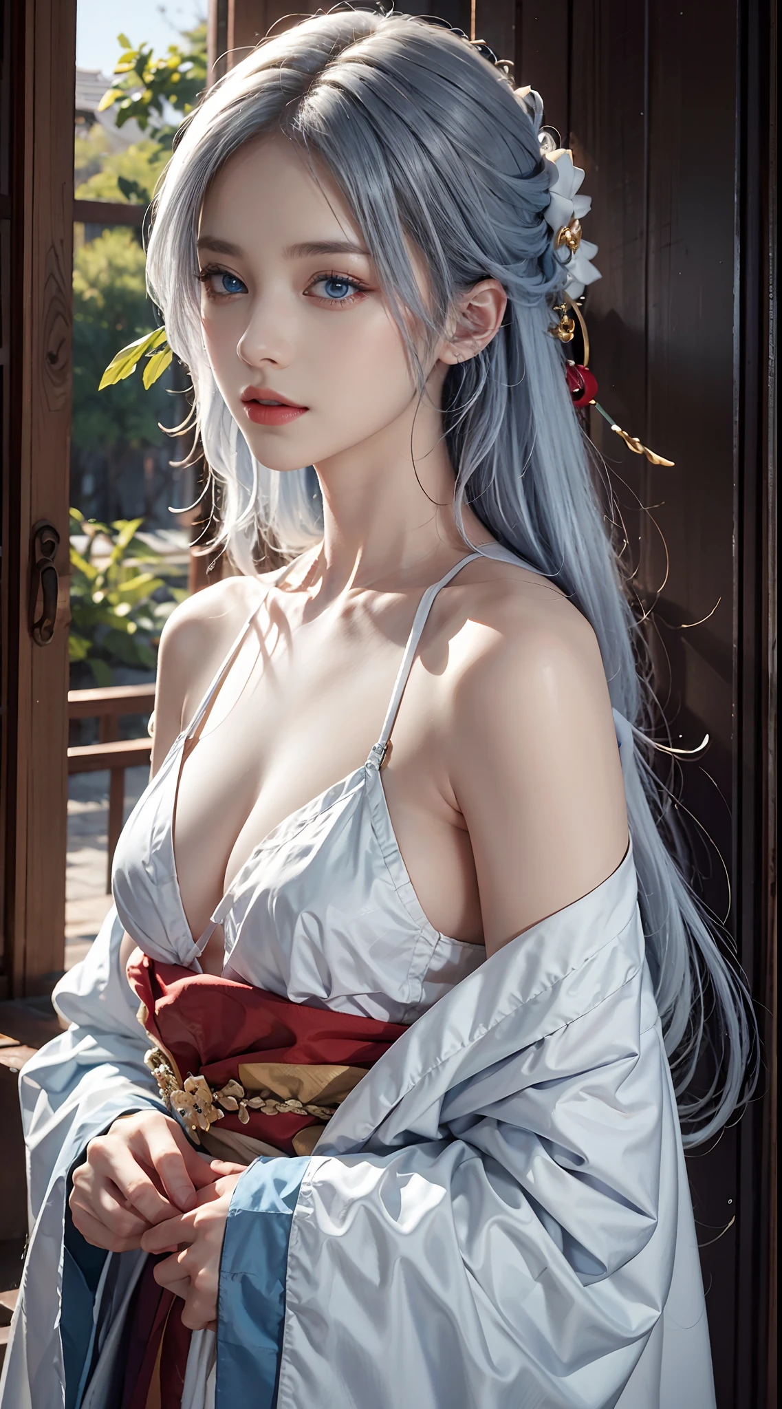 photorealistic, masterpiece, photorealistic, high resolution, soft light, waist up, blue eyes, white hair, long hair, shoulder less, short kimono