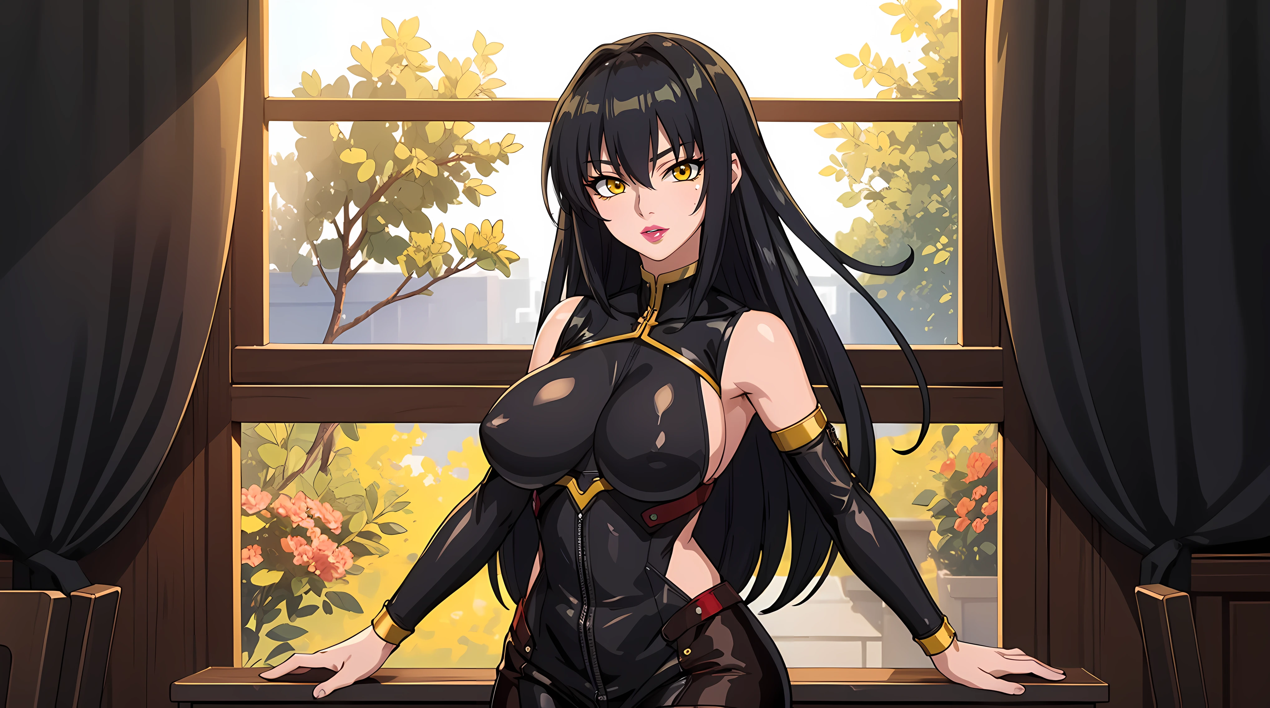 (masterpiece:1.4),(best quality:1.4),  soft lighting, cinematic bloom, beautiful face, beautiful eyes, cowboy shot,
Annerose, 1girl, solo, female mature, black hair, long hair, (yellow eyes:1.4), large breasts, bodysuit, higheels, shiny clothes, skin tight, hair intakes, covered breasts, sideboob, exquisite eyes detail, exquisite character design unity details 8k hdr, professional art, landscape, (solo:1.5, cowboy shot:1.5), classroom, gorgeous body, milf, 35yo