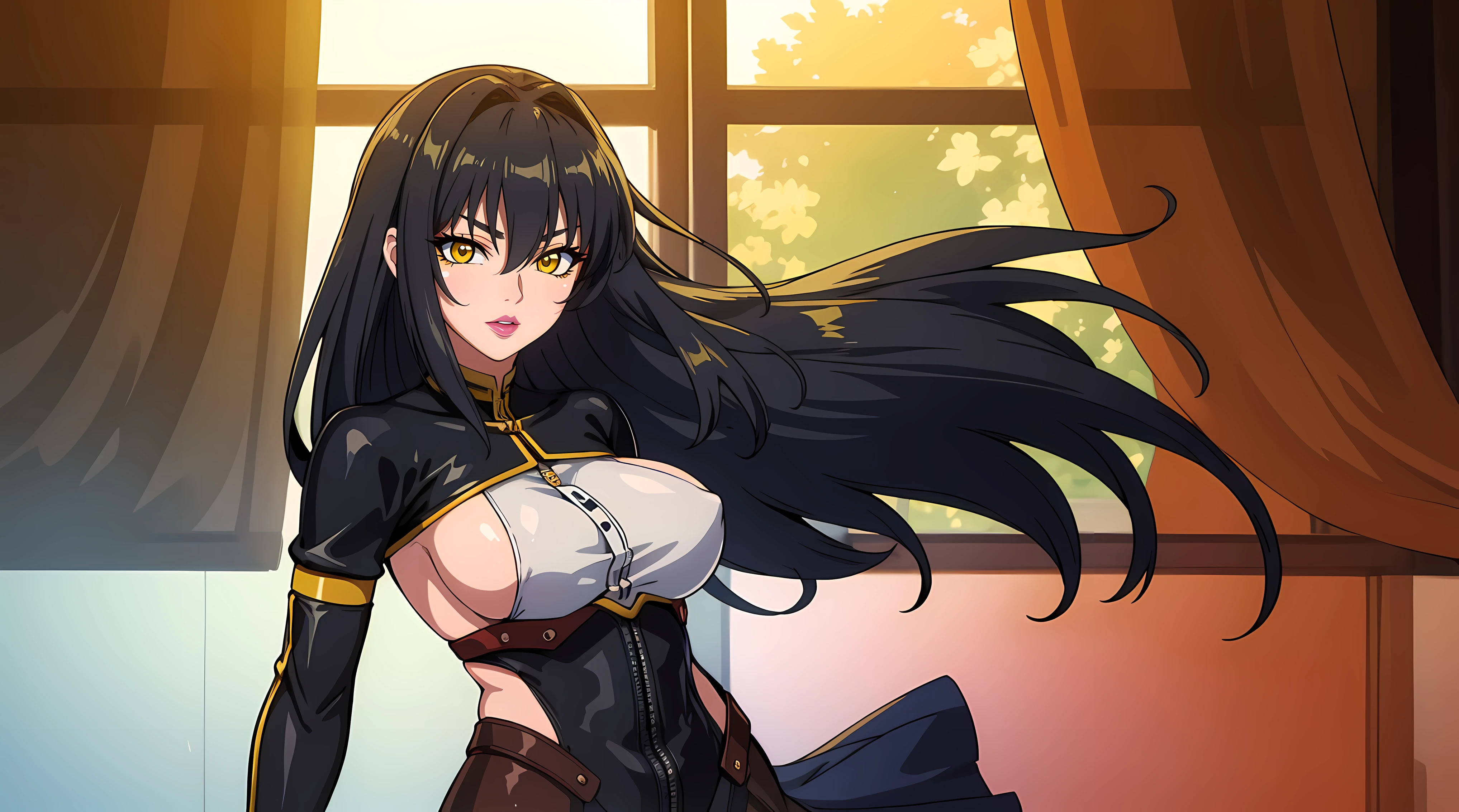 (masterpiece:1.4),(best quality:1.4), soft lighting, cinematic bloom, beautiful face, beautiful eyes, cowboy shot,
Annerose, 1girl, solo, female mature, black hair, long hair, (yellow eyes:1.4), large breasts, bodysuit, higheels, shiny clothes, skin tight, hair intakes, covered breasts, sideboob, exquisite eyes detail, exquisite character design unity details 8k hdr, professional art, landscape, (solo:1.5, cowboy shot:1.5), classroom, gorgeous body, milf, 35yo