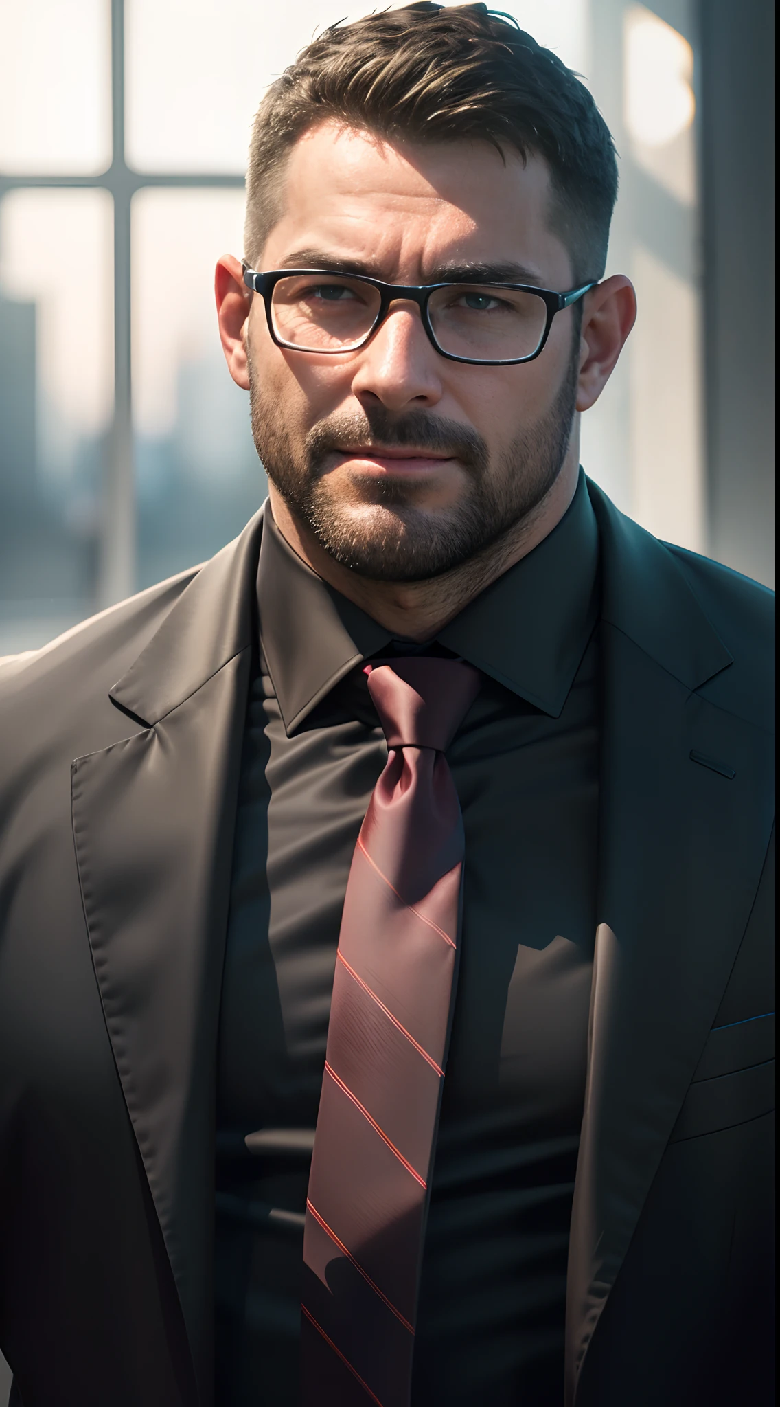 An award-winning original photo，A wild muscular man, (40 years old daddy:1.1), 1boy, Solo, (black suit), (white dress shirt), (red print necktie), (big shoulders), musculature, stubbles, Short beard, Beautiful eyes:1.3, ), (Detailed face:1.3), wearing glasses, smiles, Dynamic Angle, volumetric lighting, (Best quality, A high resolution, Photorealistic), Cinematic lighting, Masterpiece, RAW photo, Intricate details, hdr, depth of field, upper body shot