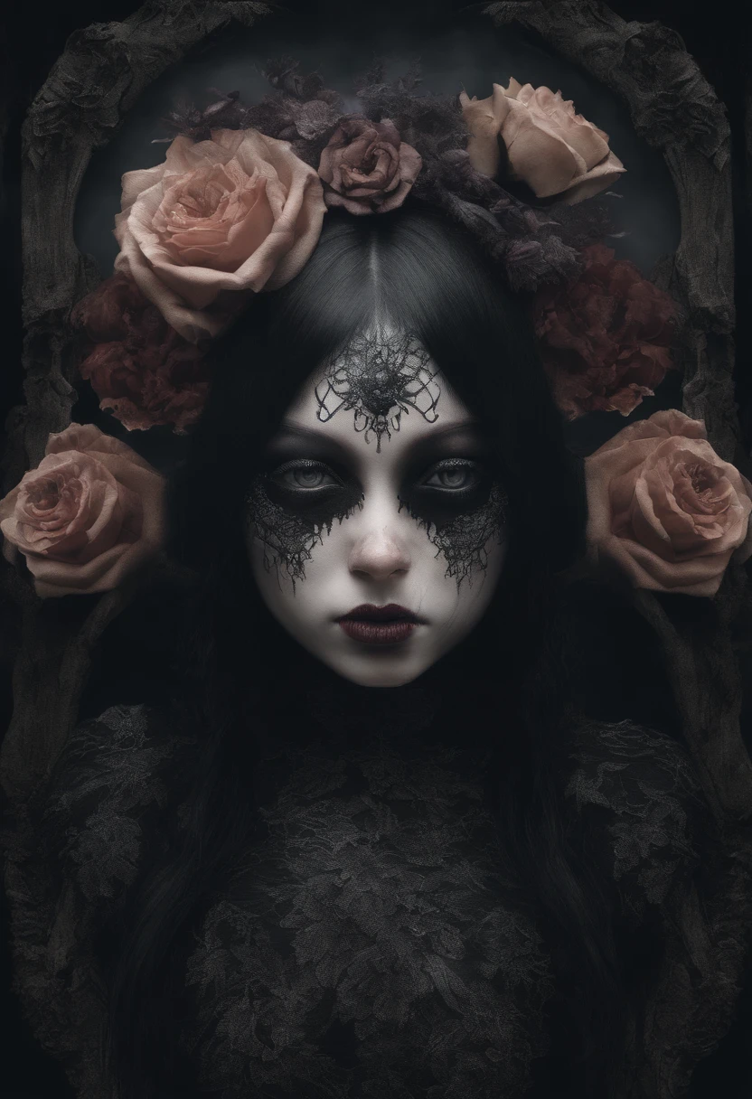 “(best quality,highres:1.2),realistic,portrait,medium:digital painting,soft lighting,vibrant colors,cute girl,horrifying stuffed animal,courageous expression,detailed eyes and lips,floral background,imaginative composition”