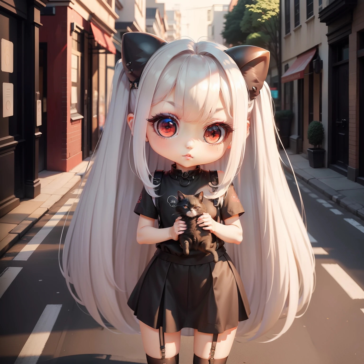 masterpiece、detaileds、Soft lighting、tshirts、a miniskirt、Goth cat girl with long white hair、Red-eyed chibi、In the street、