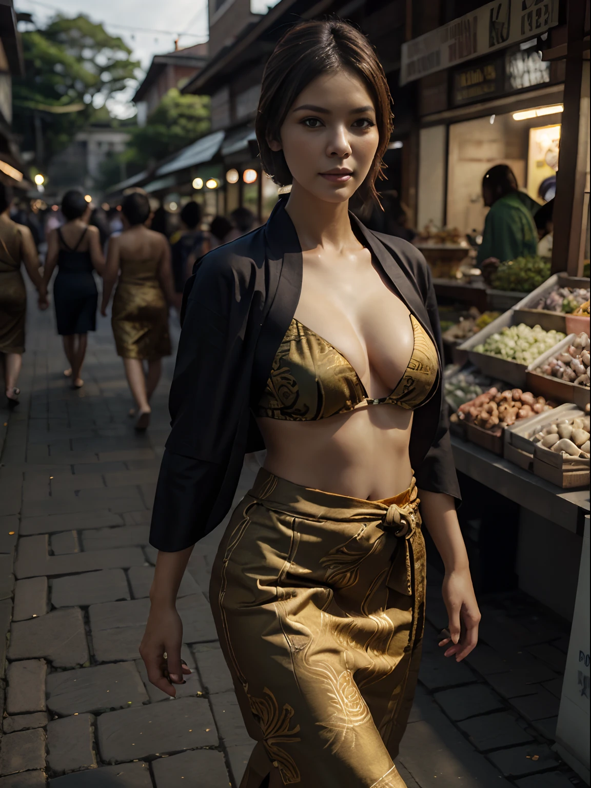 Best Quality, Masterpiece, Ultra High Resolution, (Realistic:1.8), Detailed Skin, (big breasts:1),a woman wearing black kebaya with brown gold batik sarong, walking on a brick road at traditional market,