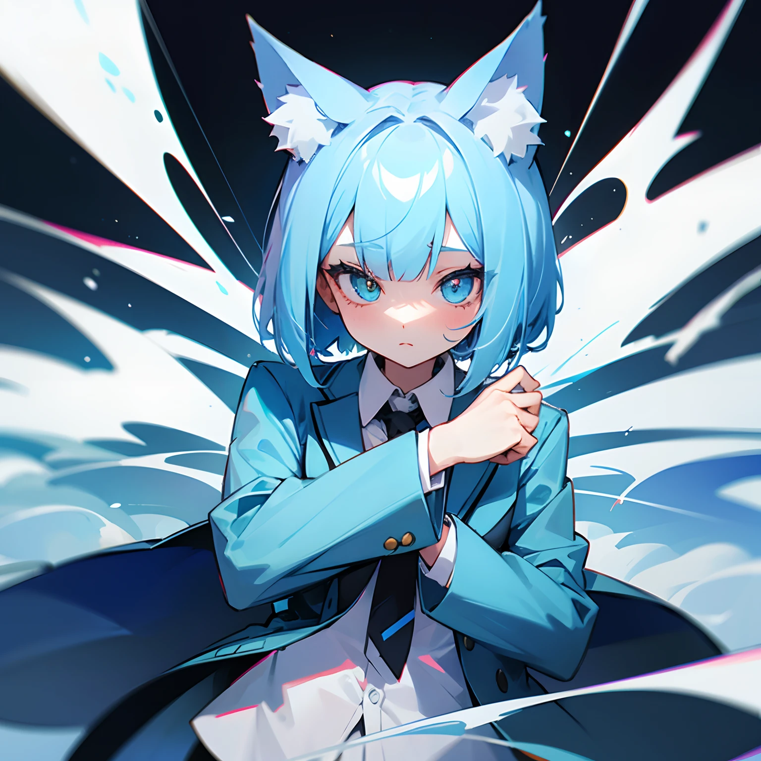 girl with,a short bob,blazers,a cool,Nekomimi,lightblue hair