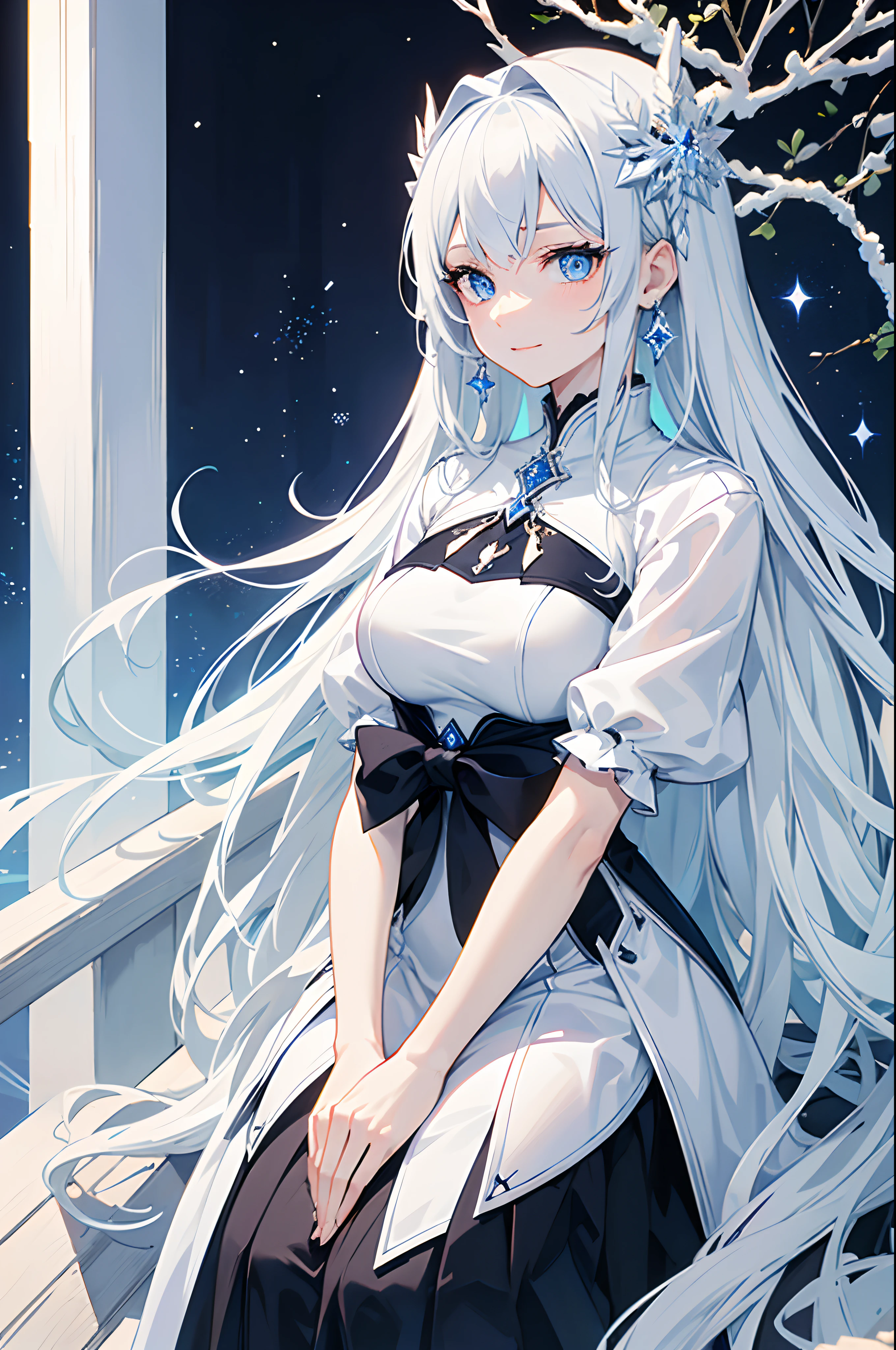 masterpiece, highlydetailed, ultra-detailed, cold, solo, (1girl), (pale skin), icyblue eyes, frosty white hair, cool Chara, flat face, young lady, lady chara, medium boobs, Arrogant, confident, cold face, goddess, cool kuudere girl, snowflakes, (frozen flowers:0.5), (calm expression), (sparkling ice crystals), (modern casual clothes), (smile:0.7)