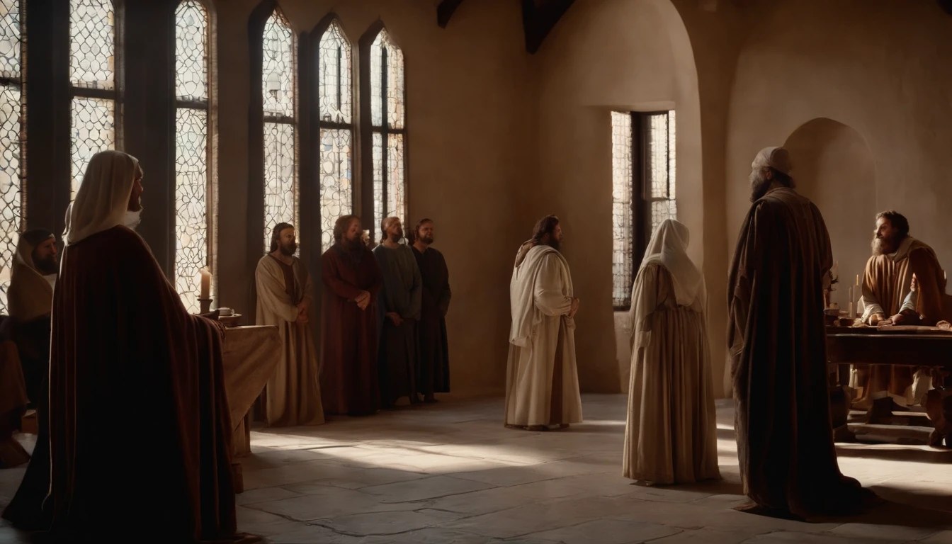 The eleven Apostles of Jesus gathered in a room of the Simple House, Back in Jerusalem after Jesus ascended to heaven. junto com eles algumas mulheres, personagens biblicos