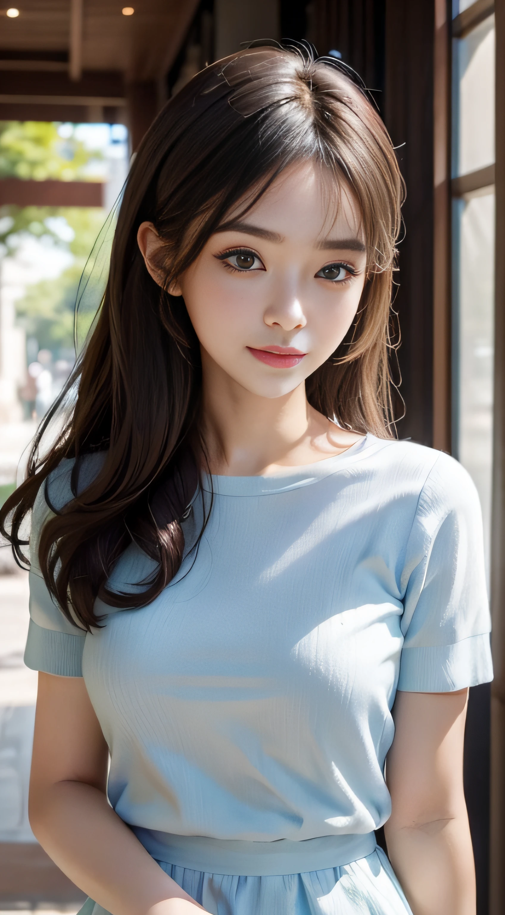masterpiece、Top image quality:1.2、((beautiful young woman with))、Transparent skin:1.2、{A slight smil}、(kawaii)、Short sleeve knit、luxury hotel、depth of fields