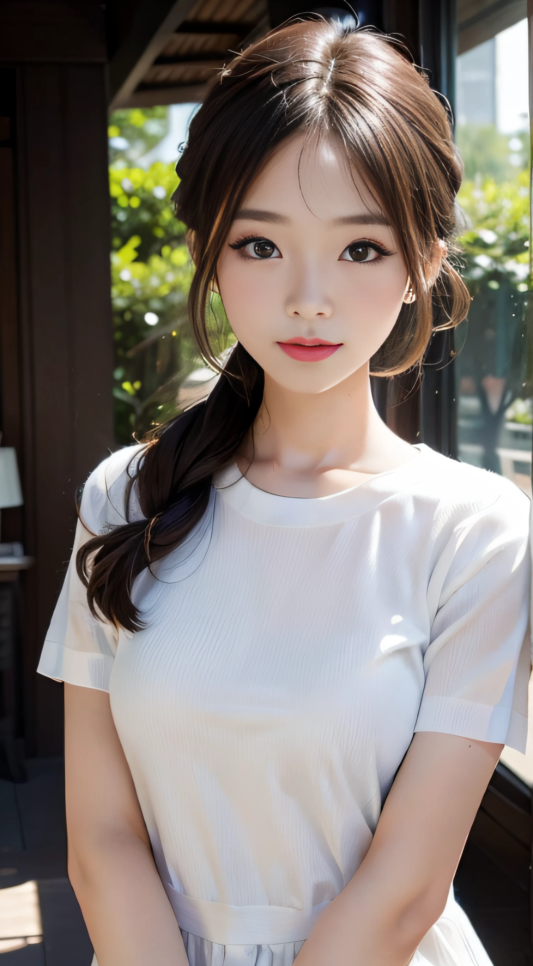 masterpiece、Top image quality:1.2、((beautiful young woman with))、Transparent skin:1.2、{A slight smil}、(kawaii)、Short sleeve knit、luxury hotel、depth of fields