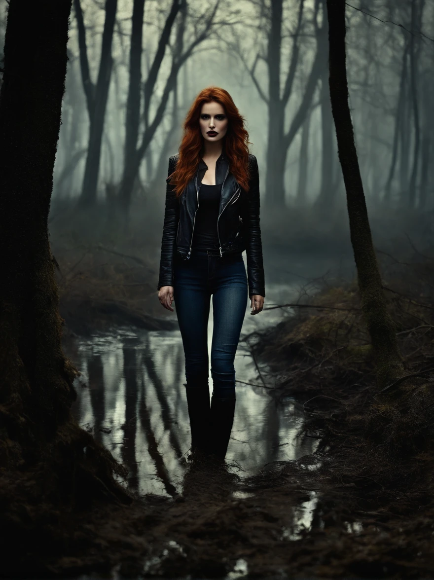 dark forest, forbidden fetish, Bella Thorne, drowning in a muddy swamp with a 1.3 intensity, wearing jeans, a leather jacket, waist-deep descents, oil painting, detailed eyes, detailed lips, extremely detailed eyes and face, long eyelashes, eerie lighting, mystic atmosphere, sinister shadows, hauntingly beautiful, gothic elements, surrealistic landscape, atmospheric style, vibrant colors, ethereal glow, surrealism.