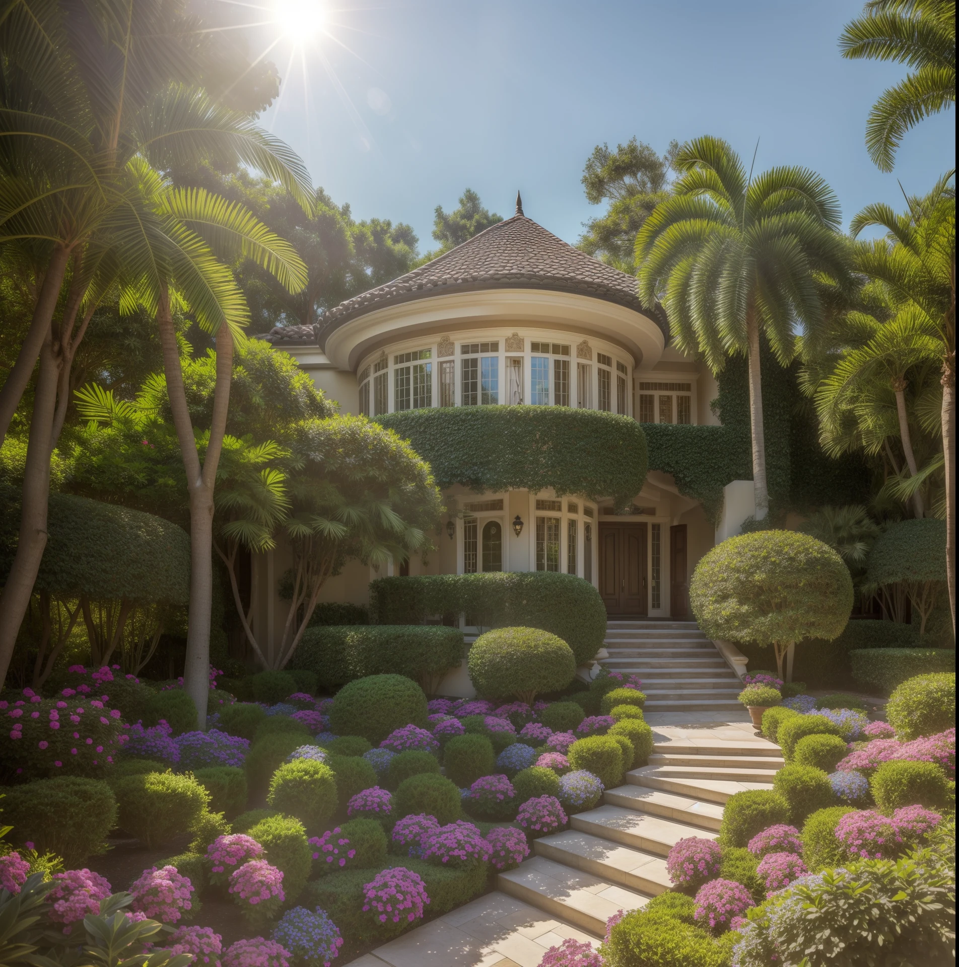 (best quality,4k,8k,highres,masterpiece:1.2),ultra-detailed,(realistic,photorealistic,photo-realistic:1.37),expansive garden landscape,colorful flowers,tall trees,sunlit patio,well-maintained lawn,sparkling fountain,impeccably designed structure,spacious porch,breathtaking view of mountains and lake,large floor-to-ceiling windows,exquisite architectural details,grand entrance with a sweeping staircase,elegant furniture,ornate chandeliers,-richly decorated interior,opulent bedroom with a canopy bed,distinctive wallpaper patterns,elaborate ceiling moldings,lush greenery,meticulously trimmed hedges,stone pathways,quaint garden benches,fashionable outdoor seating area,ocean-inspired color palette,bright and airy atmosphere,soft natural lighting.