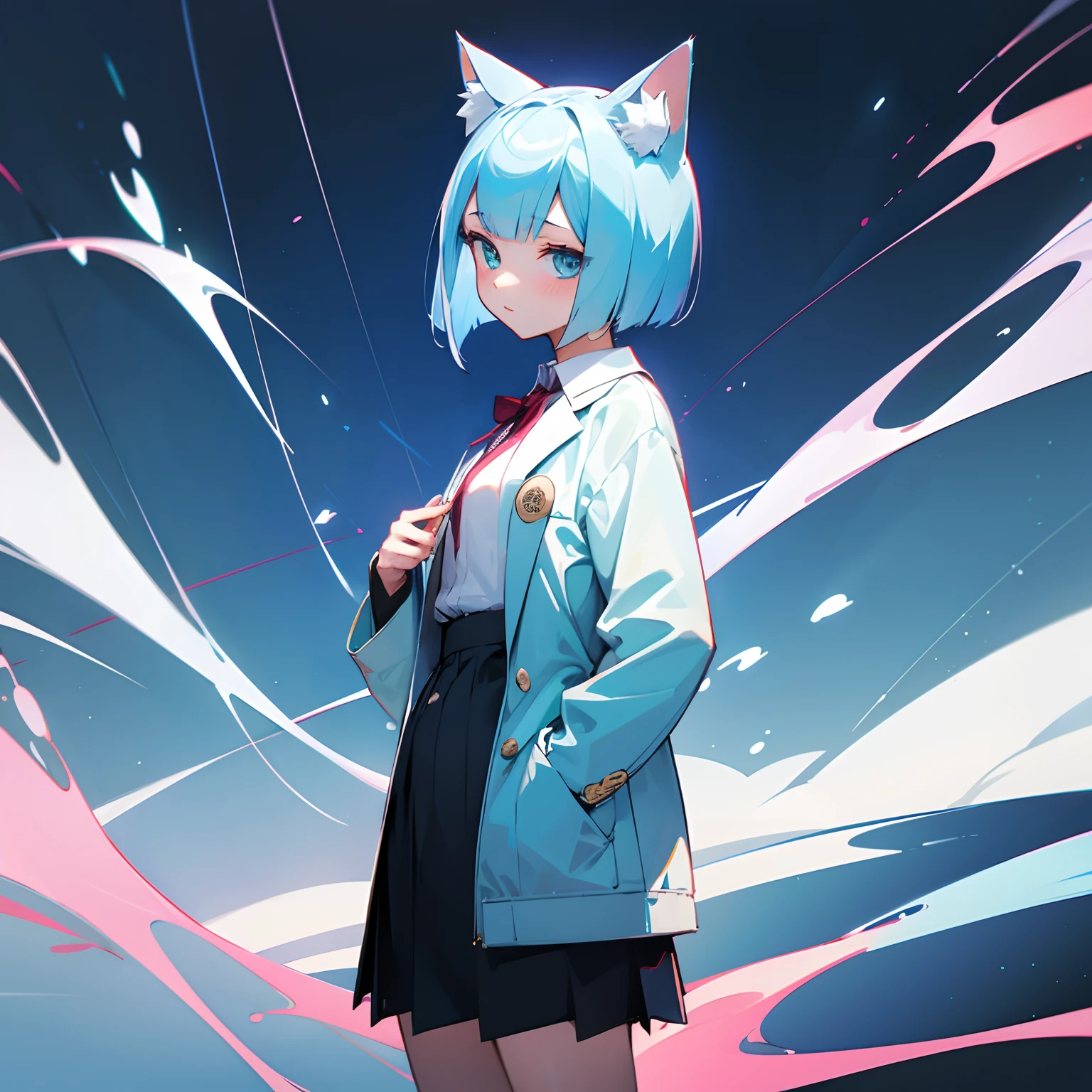 girl with,a short bob,blazers,a cool,Nekomimi,lightblue hair,Digital World