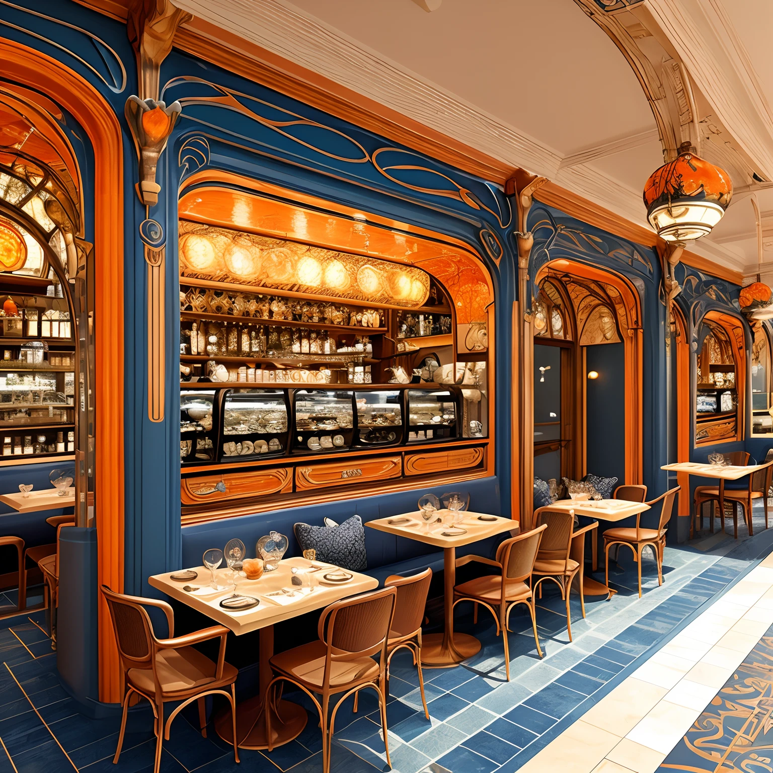 Sophisticated cafe, designed in art nouveau style, blue and orange colours, hyperrealistic, rusty looks