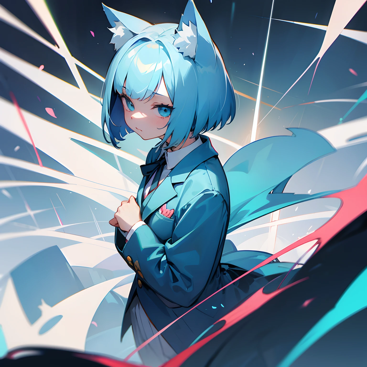 girl with,a short bob,blazers,a cool,Nekomimi,lightblue hair,Digital World