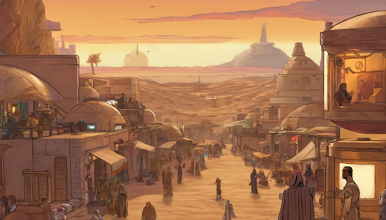 Planet Tatooine, The city, busy street, bar, crowd, One of the crowd waves his hand in greeting, concept art by Magalie Villeneuve, trending on cg society, "Star Wars""": The Old Republic", concept art by Ralph McQuarrie