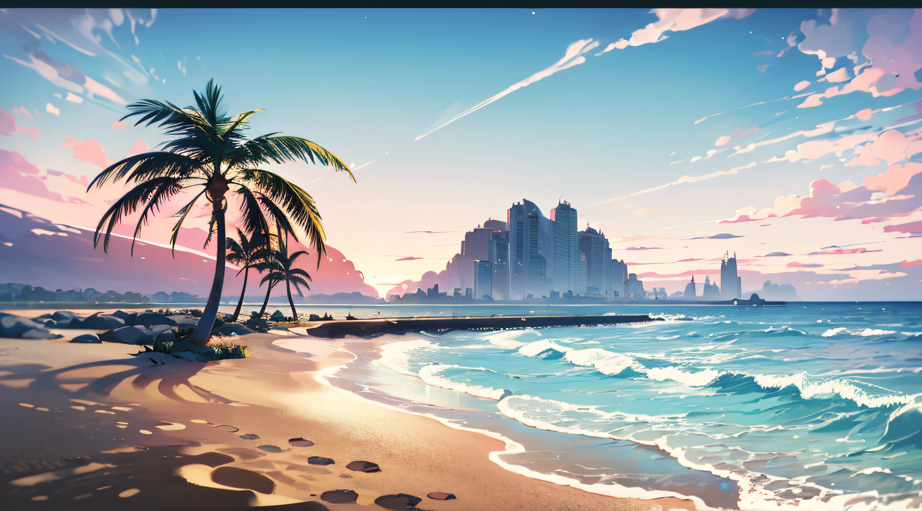 Wallpaper, Sea, Breaking Waves, calm water, Pink Sky, Beach, palm tree, sand, hills, shores, sand on the right, sea on the left, shaping straight line from top to bottom, beach shores, more sand, tree trunk on the sand, no city, no resort, close up, HD Detail, Ultra Detail, Soft Light, Deep Field Focus Bokeh, Ray Tracing, Diffuse (extra fine glass reflections). --v6