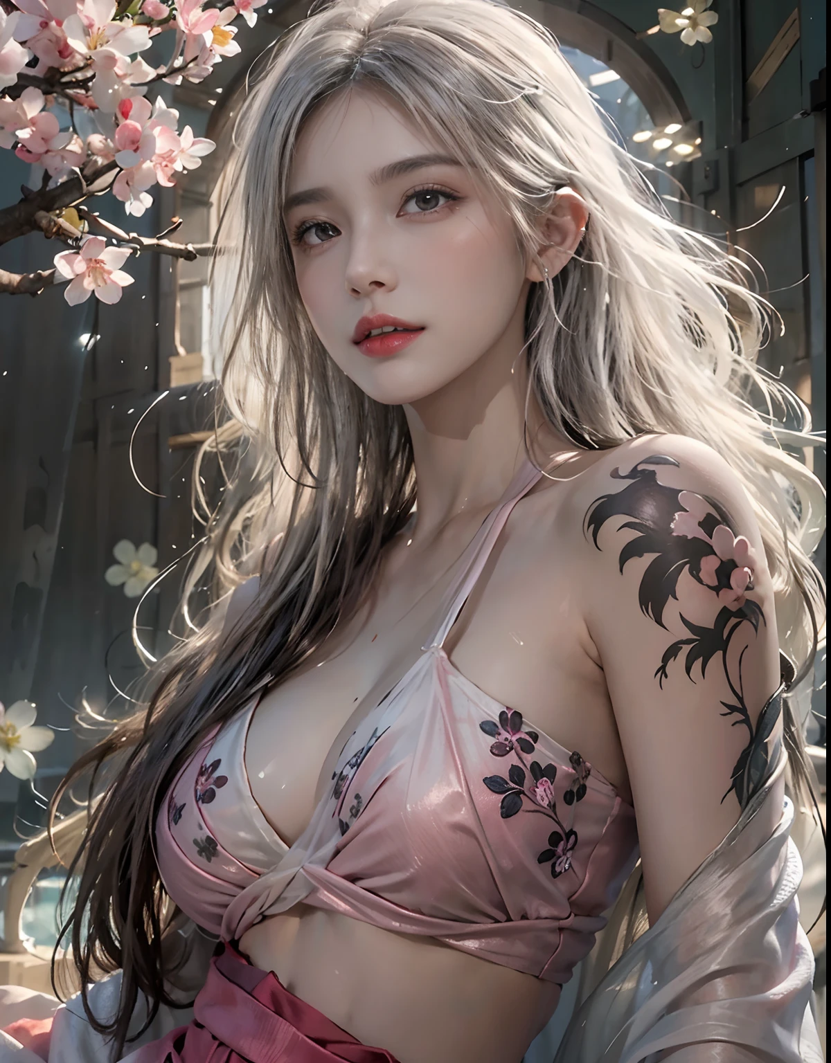 Photorealistic, High resolution, Soft light,1womanl, Solo, hips up high, glistning skin, (Detailed face),The tattoo, Jewelry, Dark see-through hanf, cherry blossom, Night, White wavy hair, Beautiful Soldier, An eye that invites the viewer, Lover's perspective, inviting expression, Sexy smile, Perfect Style, Perfect balance, Detailed skin, Naughty gaze, Chest visible、see -through、Sheer feeling、Wet skin、Wet hair、Spread hair、Spread Stall、Wet clothes、sodden、See-through Halter neck、See-through gowns、Navel Ejection、the back is open、See-through halter neck dress、See-through kimono、Dynamic Posing、Fingertips are lips、