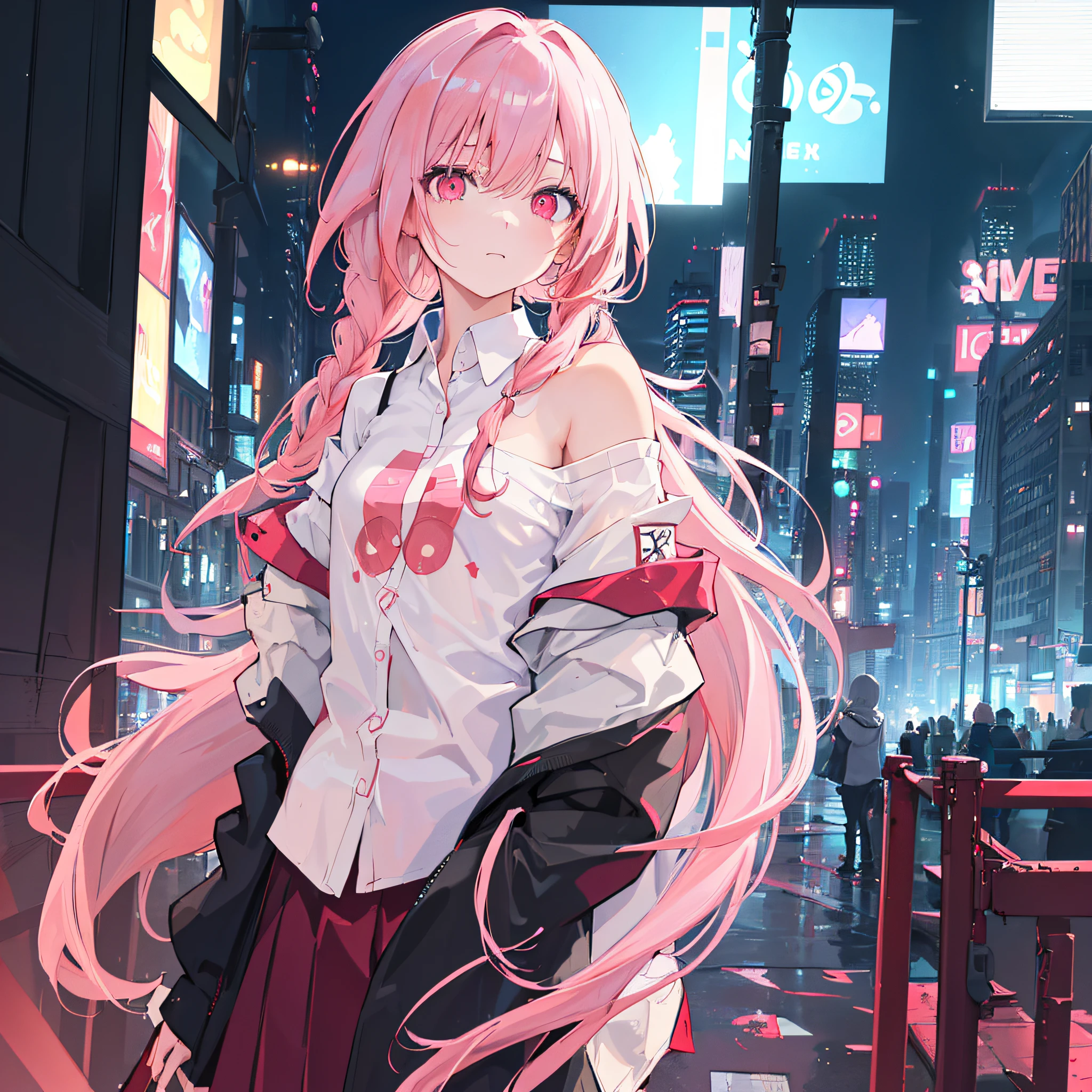 1girl, solo, loli, petite, (very_long_hair), (pink_hair:1.2), braids, (red_eyes), medium_breasts, (white_shirt:1.5), (windbreaker), (off_shoulder:1.2), (portrait), glowing_eyes, background_light, (cityscape:1.5), (pleated skirt, )(neon_lights:1.2), (science), cyberpunk, ((masterpiece)), (highres), (best_quality), (highly_detailed), (original),(Delicate background),(extremely detailed 8K wallpaper),cinematic lighting, volume lighting, light particles, shaded_face, beautiful_detailed_eyes, depth_of_field, perspective,