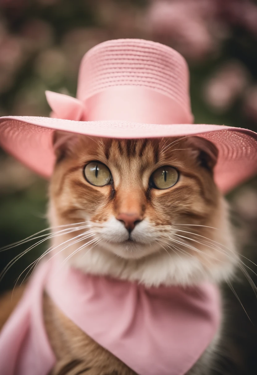 Portrait of a realistic cat wearing an elegant hat and a pink dress, antropomorfo