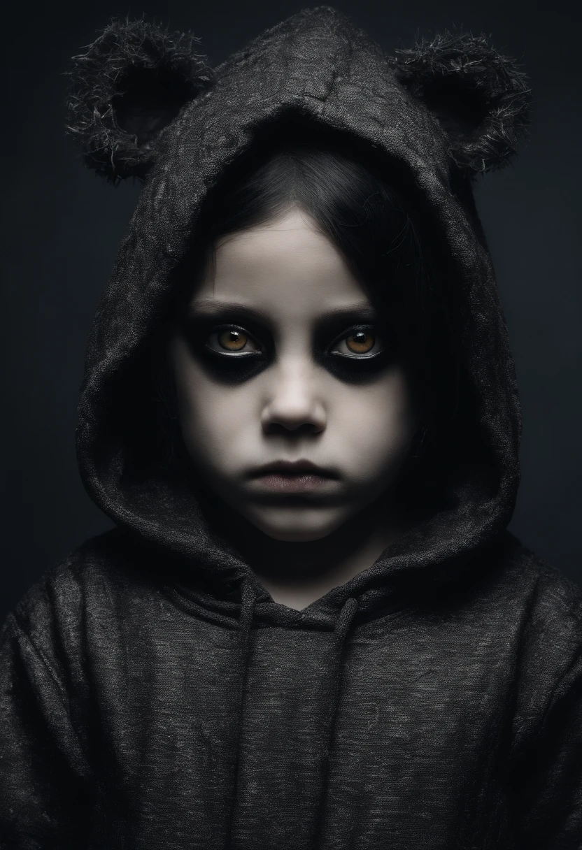 A six year old daughter with dark black hair and light black eyes wearing a teddy bear hoodie