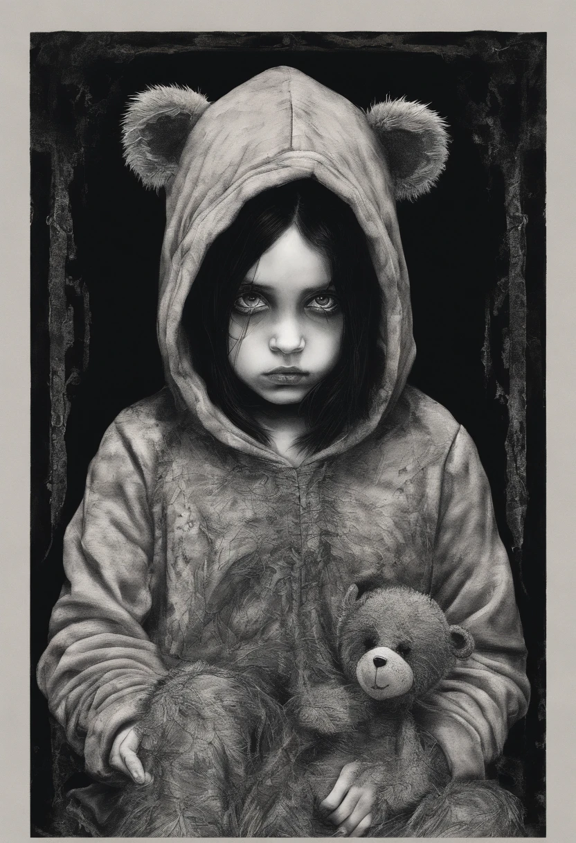 A six year old daughter with dark black hair and light black eyes wearing a teddy bear hoodie