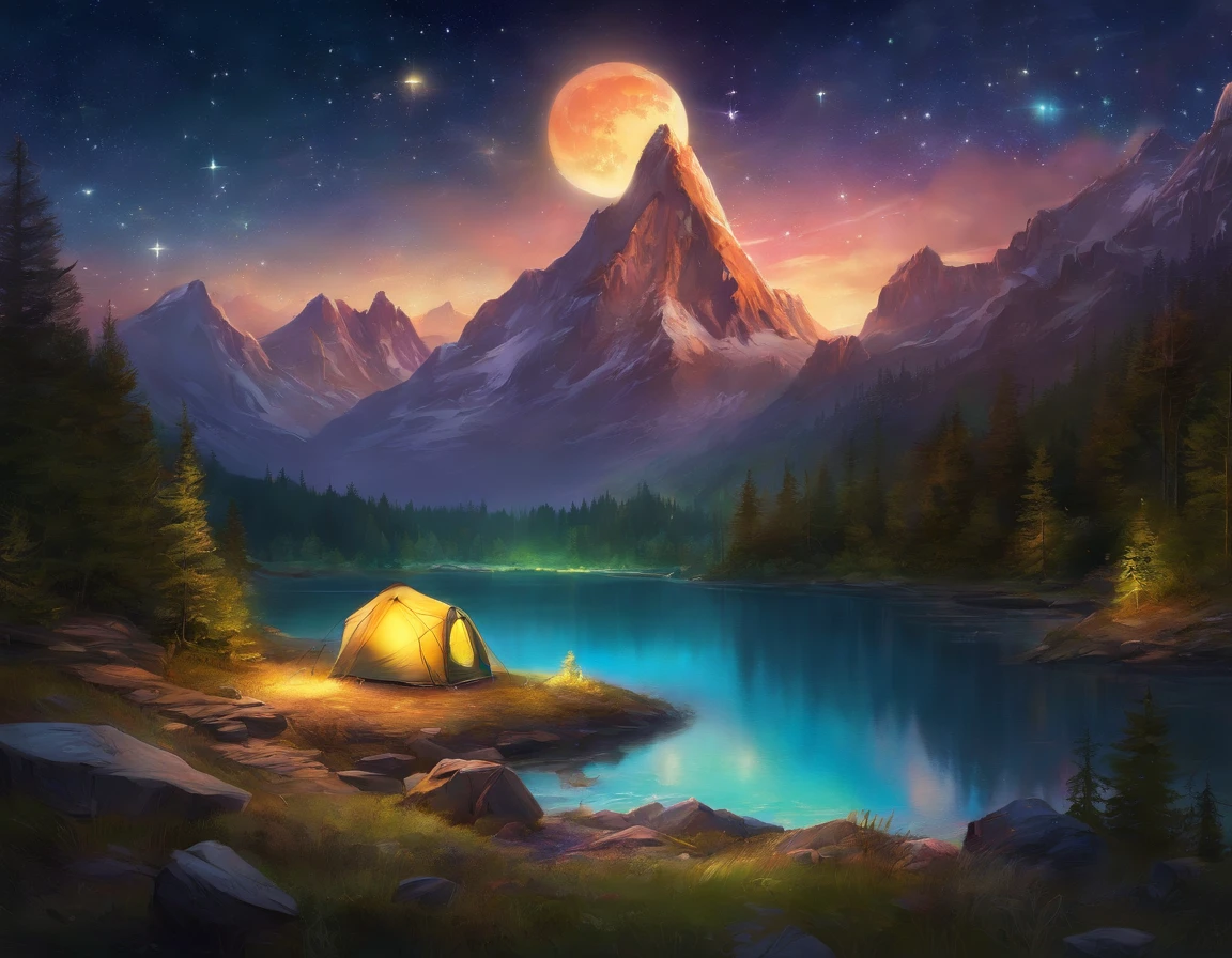 (best quality,highres,masterpiece:1.2),(ultra-detailed,realistic:1.37),outdoor camping,nature scene,star gazing,mountain view,beautiful night sky,moonlit night,serene atmosphere,glistening stars,starry night,full moon,backpacker,enjoying the view,peaceful moment,relaxation,sitting on the ground,admiring the beauty of nature,starlight shining,magical night,majestic mountains,tranquil setting,natural beauty,captivating landscape,calmness,serenity,fresh air,crisp night,lush greenery,enchanted forest,sparkling night,mountaineer,adventurous spirit,campfire,tents,cosy atmosphere,mesmerizing sight,camping chairs,clear sky,unobstructed view