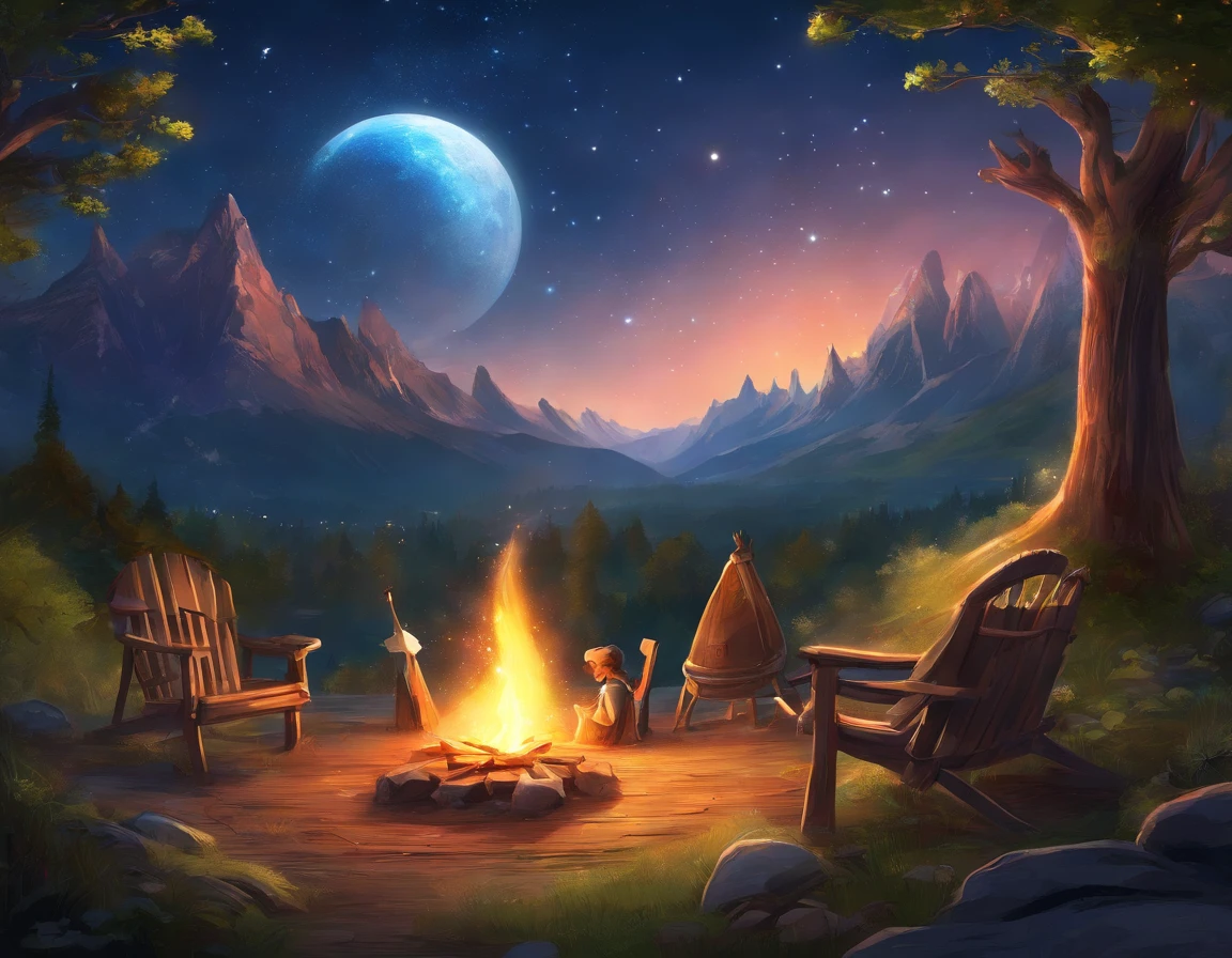 (best quality,highres,masterpiece:1.2),(ultra-detailed,realistic:1.37),outdoor camping,nature scene,star gazing,mountain view,beautiful night sky,moonlit night,serene atmosphere,glistening stars,starry night,full moon,backpacker,enjoying the view,peaceful moment,relaxation,sitting on the ground,admiring the beauty of nature,starlight shining,magical night,majestic mountains,tranquil setting,natural beauty,captivating landscape,calmness,serenity,fresh air,crisp night,lush greenery,enchanted forest,sparkling night,mountaineer,adventurous spirit,campfire,tents,cosy atmosphere,mesmerizing sight,camping chairs,clear sky,unobstructed view