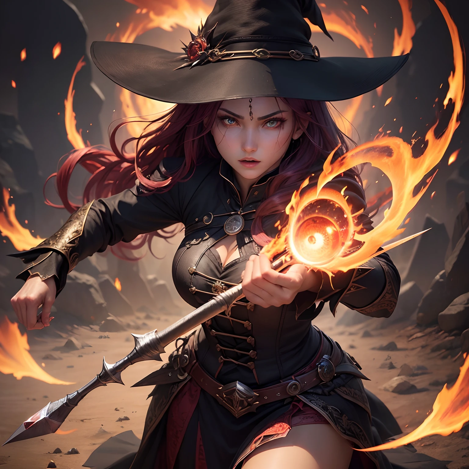 Masterpiece, Top Quality, Renaissance, Sharp Focus, 1girl, textured skin, ((cinematic lighting)), Ultra Detail, reflection light, Wizard Costume, ((witch hat)), red hair, (red eyes), bob cut, wand, fire orb, cave