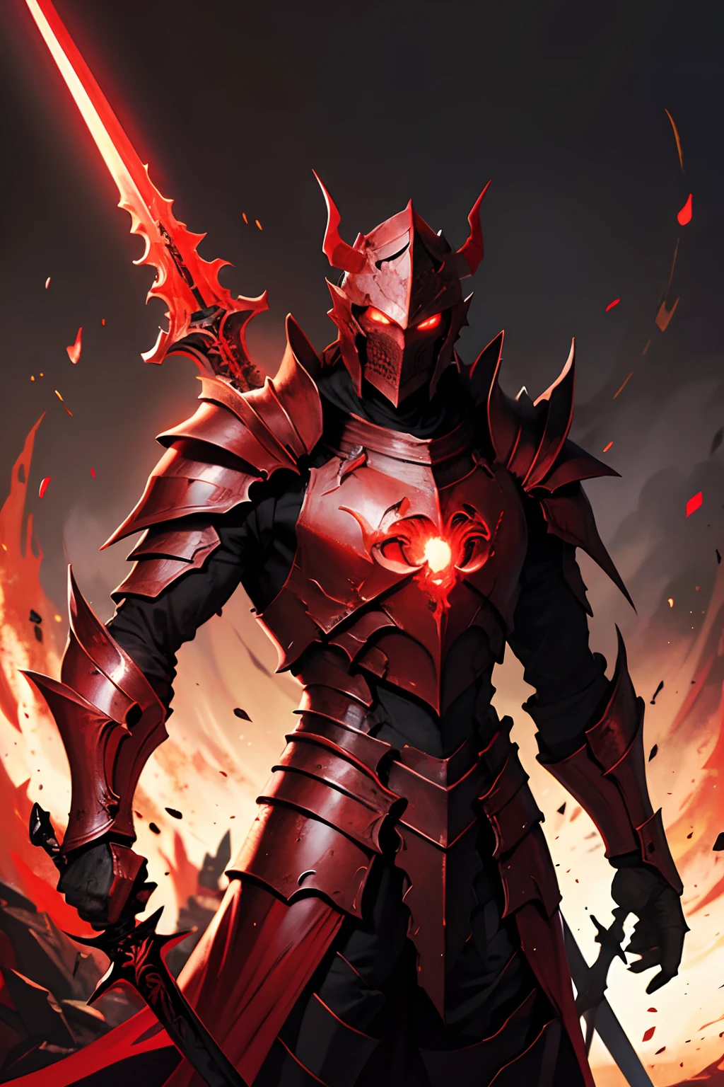 Hell Knight. With a big sword in his hand. Heroic pose. Detailed armor. Detailed helmet. Glowing Red Eyes.