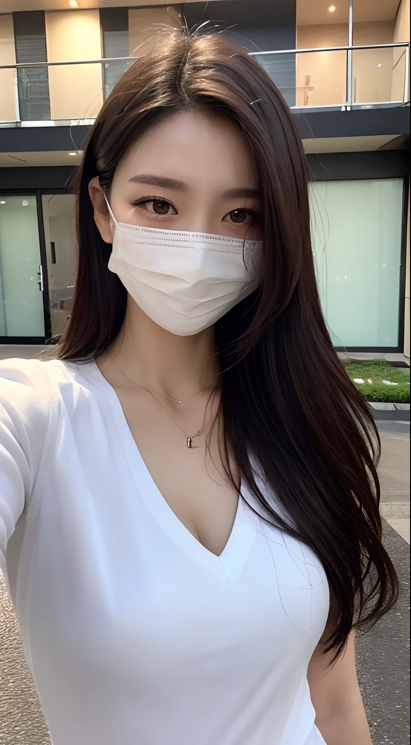 best quality,8K resolution,masterpiece:1.2,sharp focus:1.2,highly detailed face,realistic lighting:1.2,dark brown hair,slim figure:1.1,beautiful woman with stunning aura:1.4,white blouse,top model:1.4,outside of a house,the night:1.1,urban street,ultra-detailed face,detailed eyes,double eyelids,taken with iPhone masks