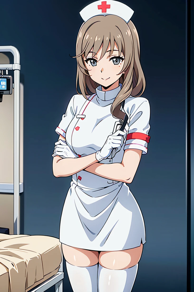 konomi baba (million live), single braid, side braid, hair over shoulder, long hair, small breasts, solo, nurse, ((white nurse cap, white nurse's outfit)), ((white legwear, zettai ryouiki)), white gloves, smile, standing, hospital room, sharp outline, short sleeves, best quality, masterpiece