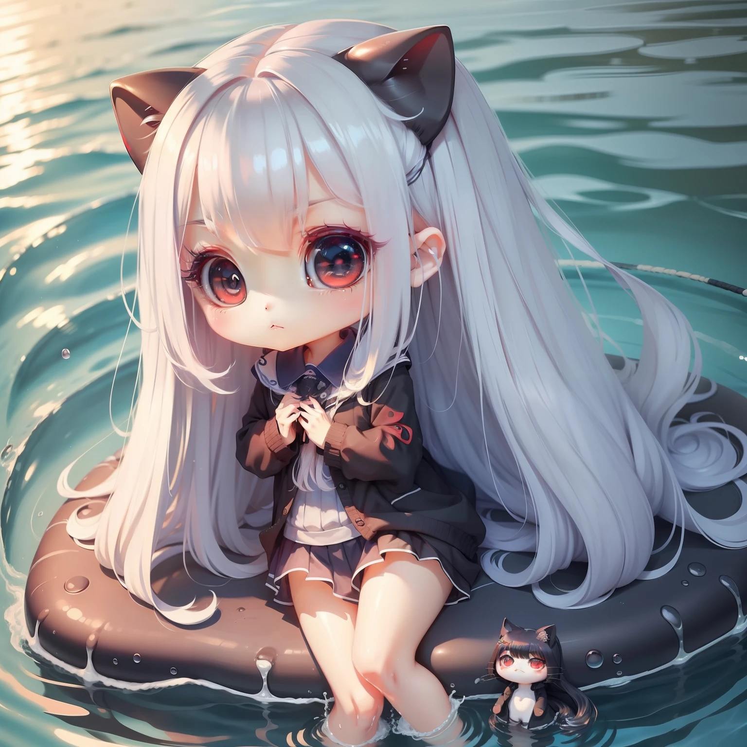​masterpiece、detaileds、Soft lighting、School swim wear、Goth cat girl with long white hair、Red-eyed chibi、sea the background of