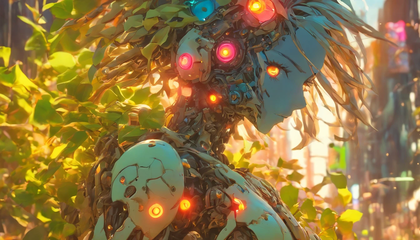 gorgeous botanical cyborg with dry flowers growing out of it, rustic:1.3 ,biomechanical ((cyborg:1.3))automata, android, bokah diadem, damaged suit, dameged head, cracked glass, scratche screen,damned lands,yule heaven,biomechanical cyborg, 8k resoultion, cinematic style digital art render with mechanical and futuristic details, Sci-Fi, hyper realistic ,biomachanical cyborg, post apocalyptic, damaged, surreal,surreal, withered nature, withered plants and leaves , dried , sunset,blurred environment background, portrait, digital art, concept art, post processed, dynamic lighting, (painted by bochen and wlop, stylized by nixeu and greg rutkowski), trend on pixiv, perfect composition, cinematic, majestic, detailed, sharp details, sharp focus, perfect anatomy, shiny, masterpiece, award-winning photography, fine-tuning face, masterpiece, art by yoshiyuki sadamoto and matt banning