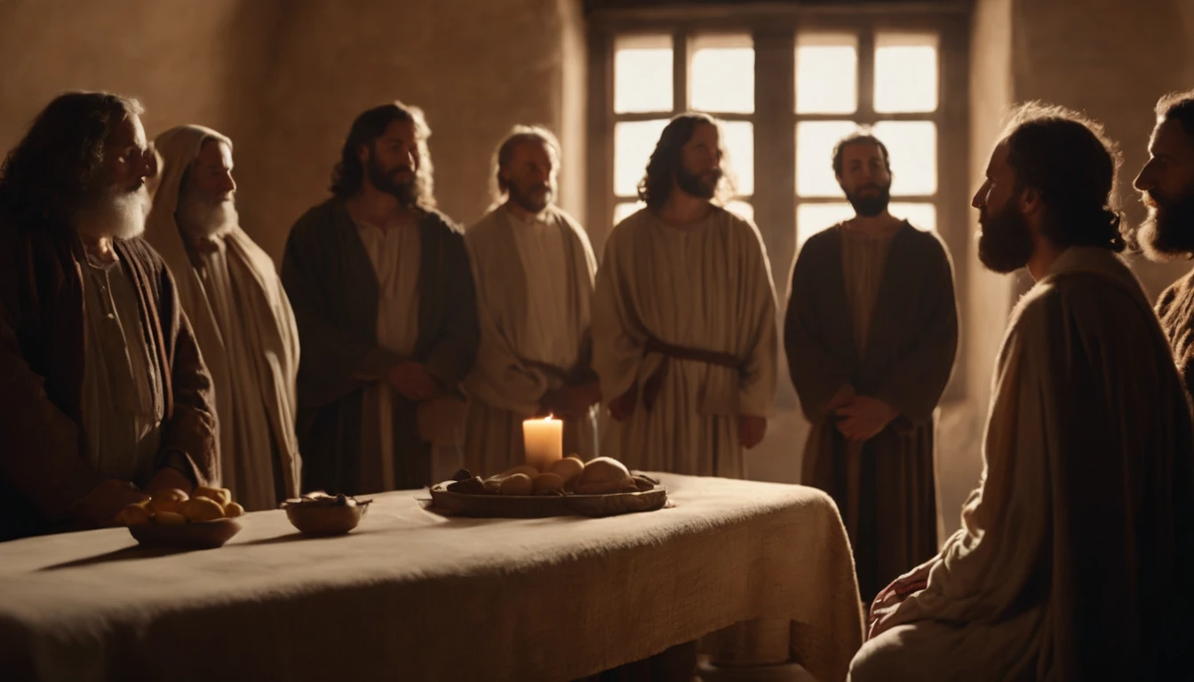 The eleven Apostles of Jesus gathered in a room of the Simple House, Back in Jerusalem after Jesus ascended to heaven. junto com eles algumas mulheres, personagens biblicos