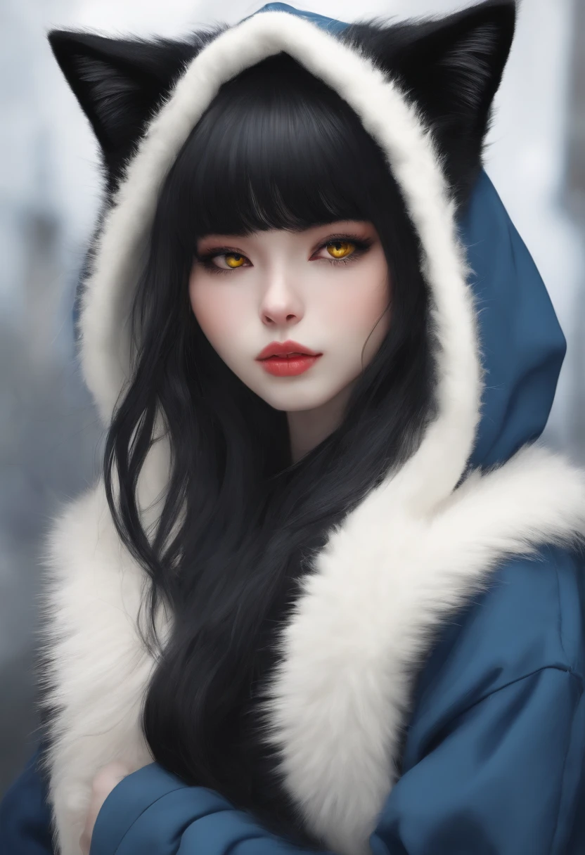 Furry Cat,1girl,white wool,black and white hair, black hair and white bangs, Yellow eyes, blue hoodie