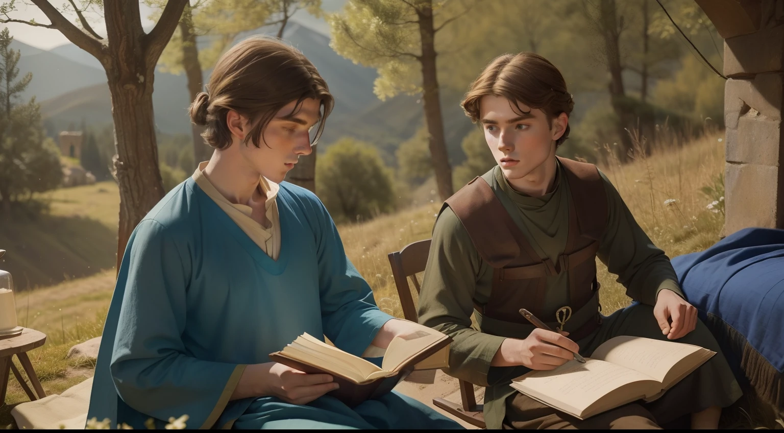 Year: 11th century. Location: Bulgary. Pre-raphaelite scene with a 20-year-old english man, with a boy, reading a book, studying together, outdoors in the mountains, camp, ((((11th century plain tunic)))) ((11th century hairstyle)), (((cinematic style)))